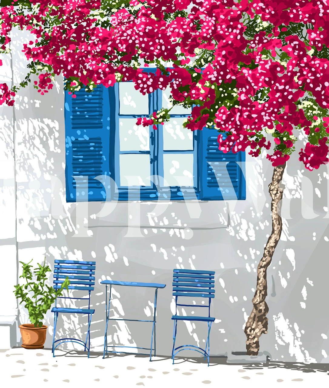 Vibrant pink bougainvillea flowers against a white wall with blue window shutters wallpaper