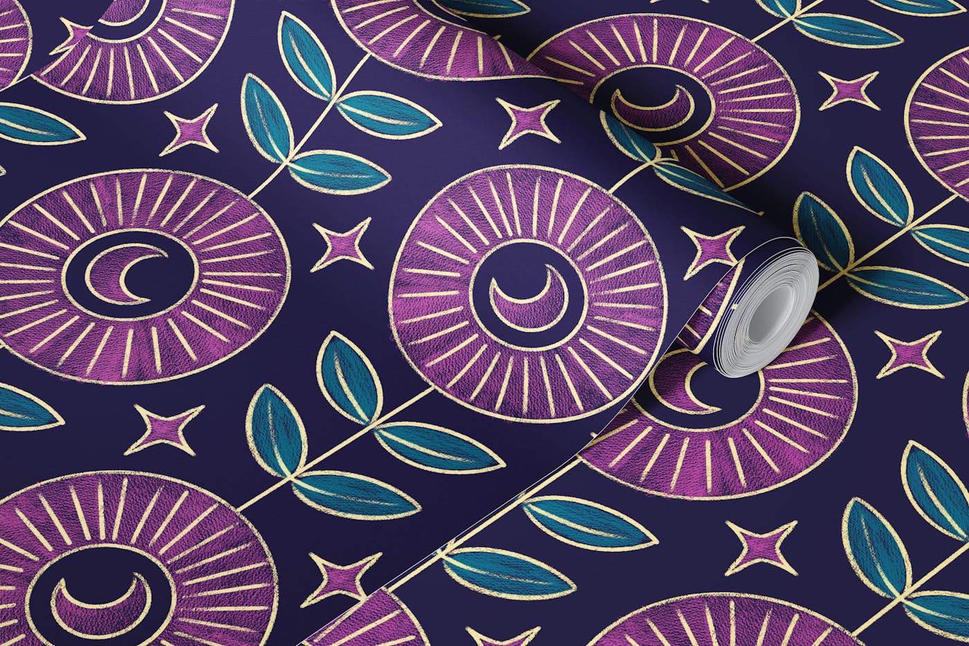 Jewel Tone Moon Flower Boho Geo Dark wallpaper roll