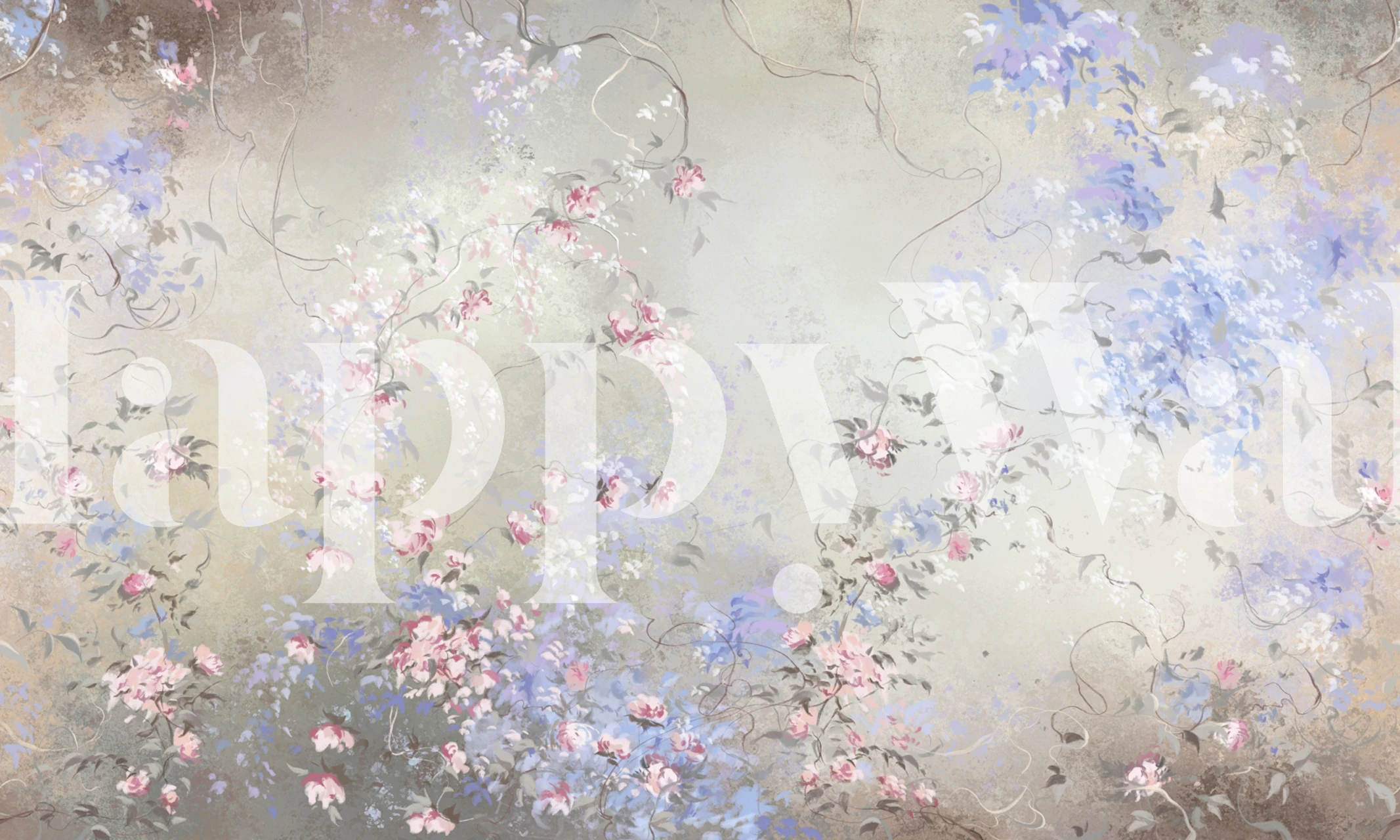 Delicate pink and blue floral patterns on a soft gray background wallpaper