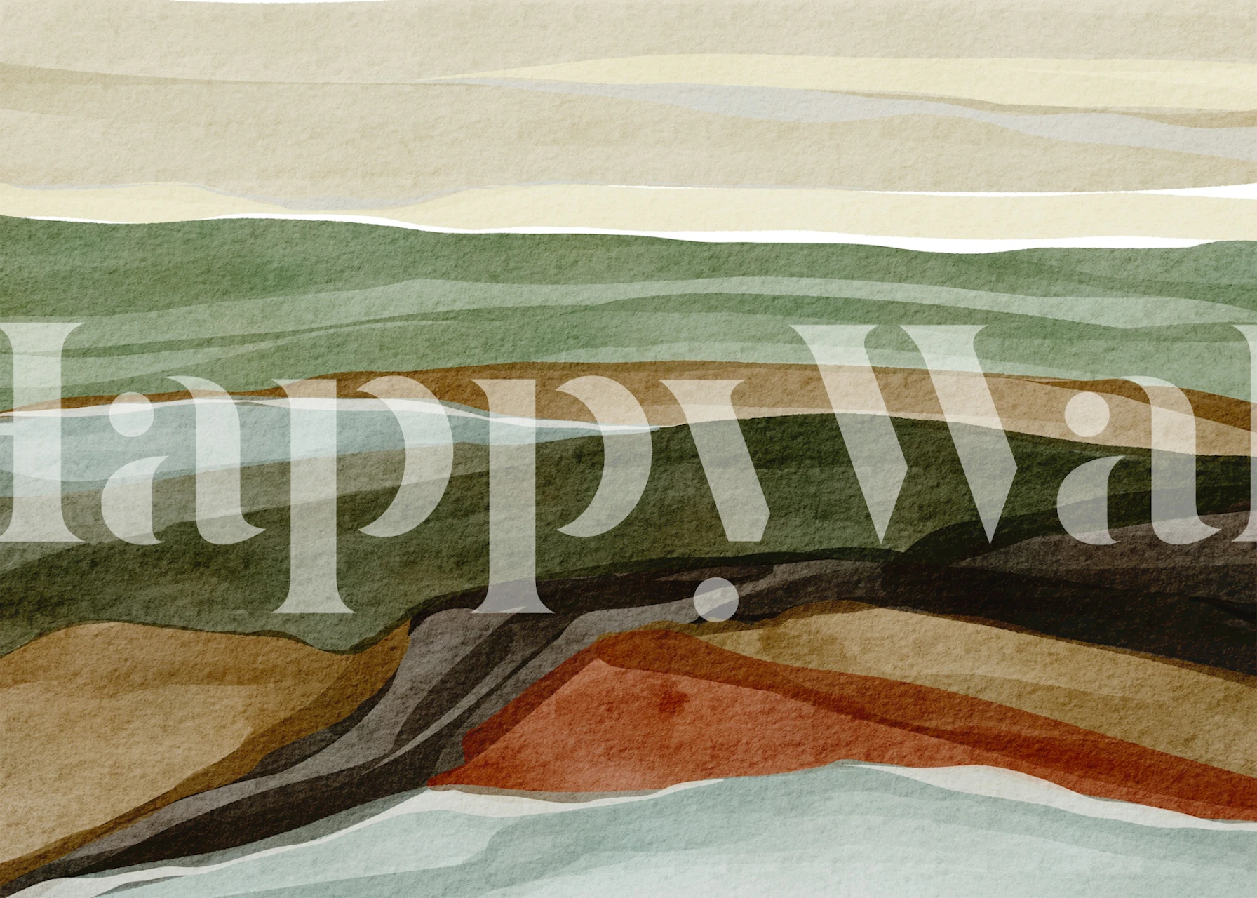 Layered earthy landscape in green, brown, and beige wallpaper