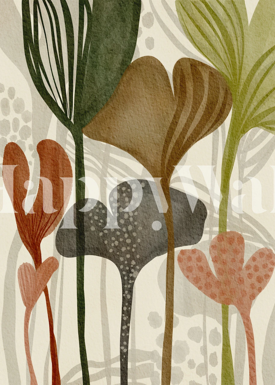 Abstract foliage design in earthy colors on beige wallpaper