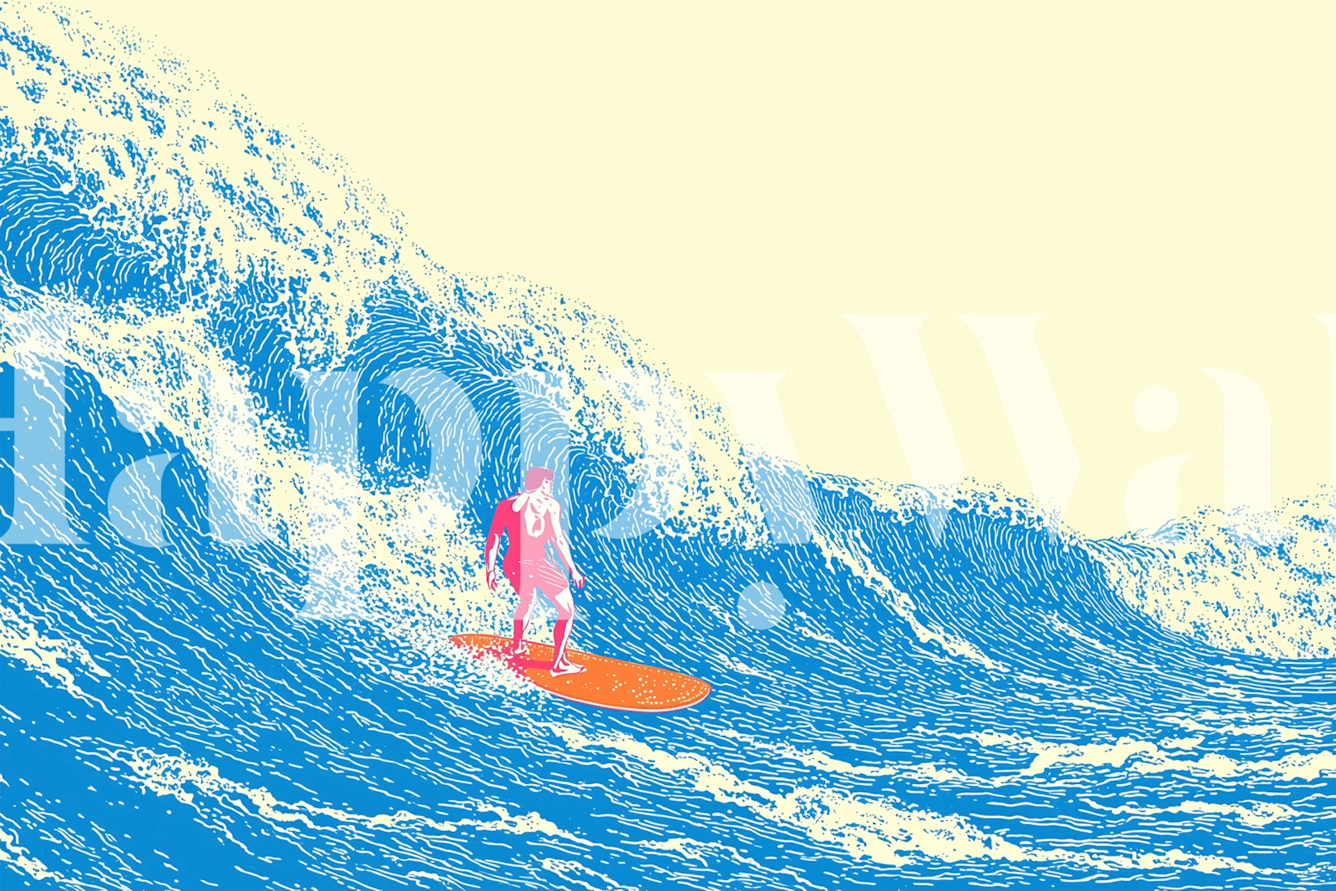 Surfer riding a blue wave with orange surfboard on cream background wallpaper