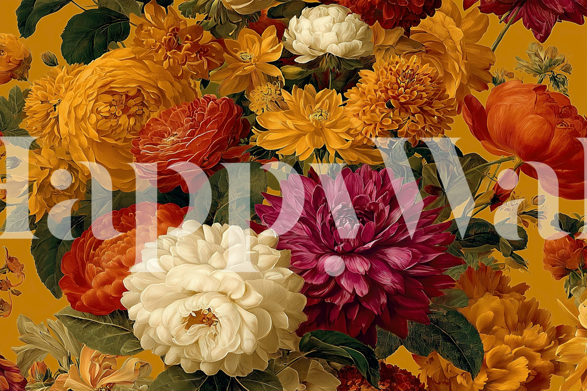 Colorful floral wallpaper featuring orange, yellow, and purple flowers