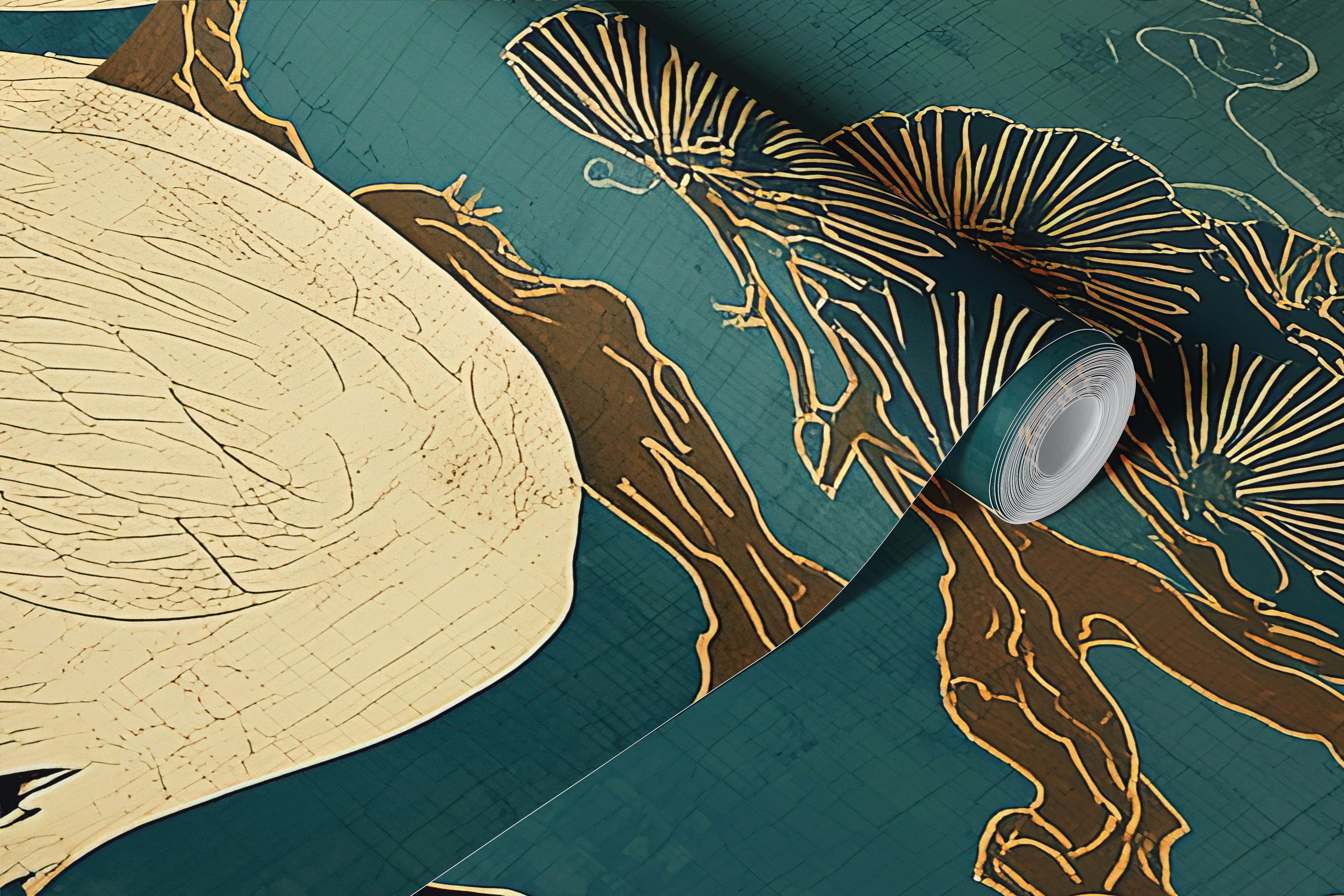 Cranes and pine trees against a teal background with a large orange sun wallpaper