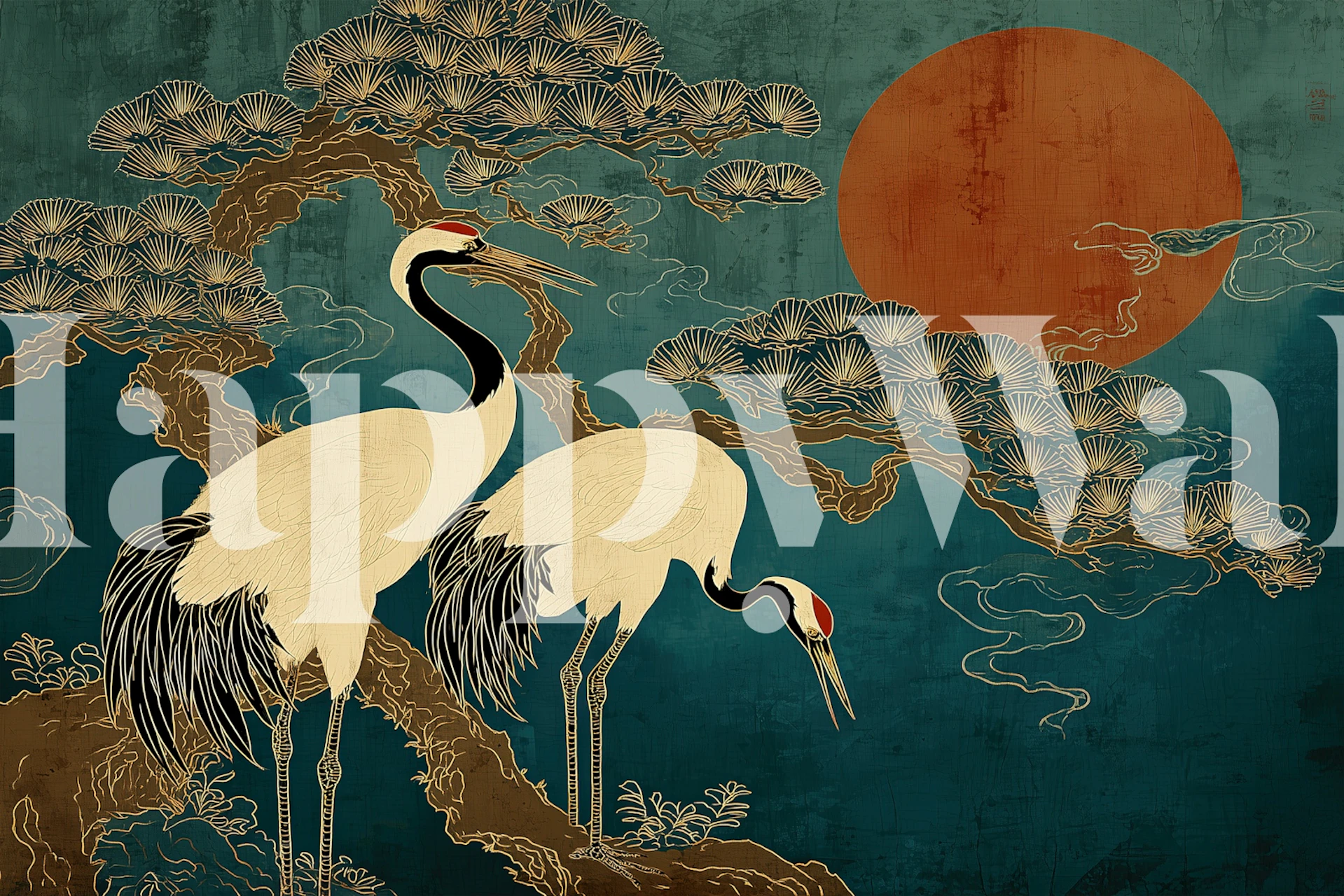 Cranes and pine trees against a teal background with a large orange sun wallpaper