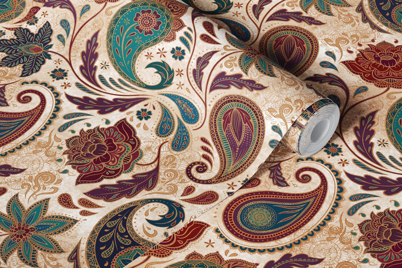 Jewel-toned Boho Paisley - Gold wallpaper roll