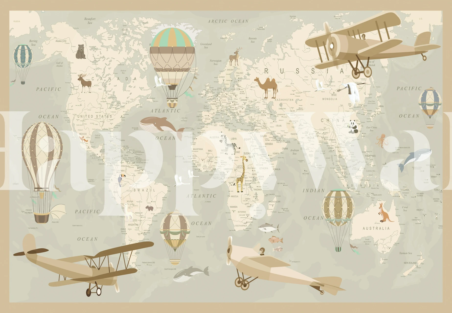 World map with hot air balloons and animals in neutral colors wallpaper