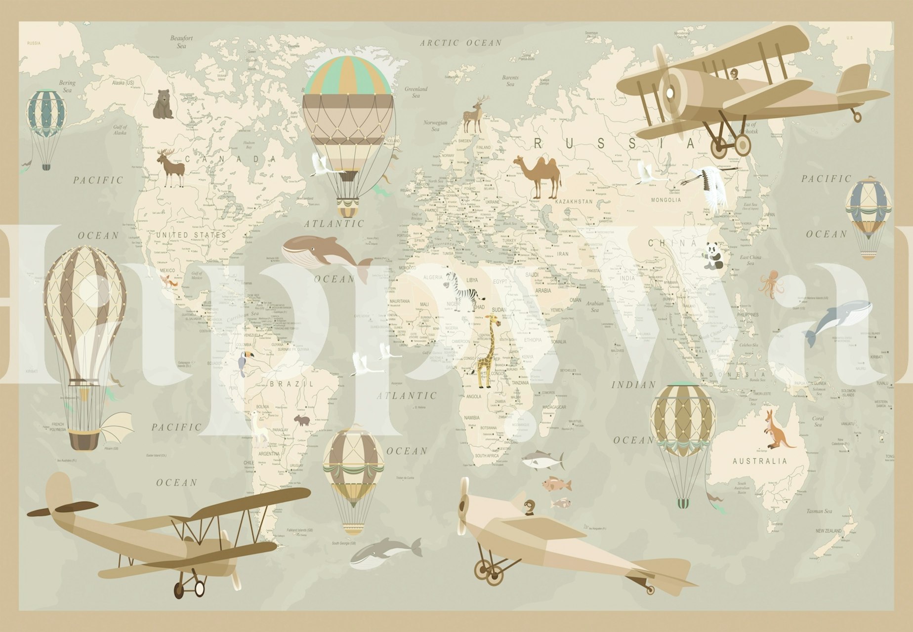 World map with hot air balloons and animals in neutral colors wallpaper