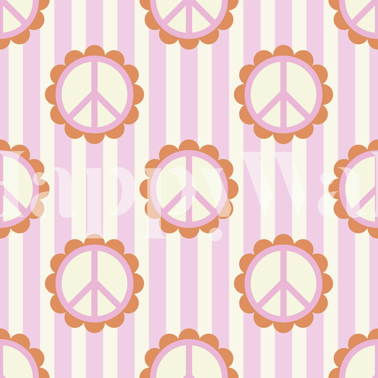Pink striped wallpaper with flower peace signs