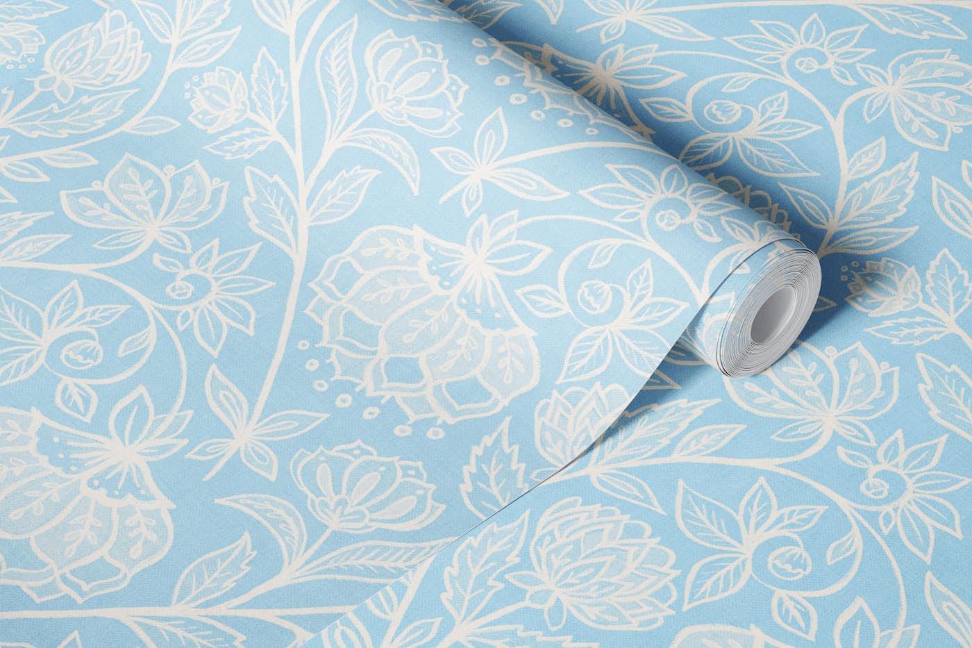 Dreamy Chalk Chintz Floral in Blue and Cream wallpaper roll