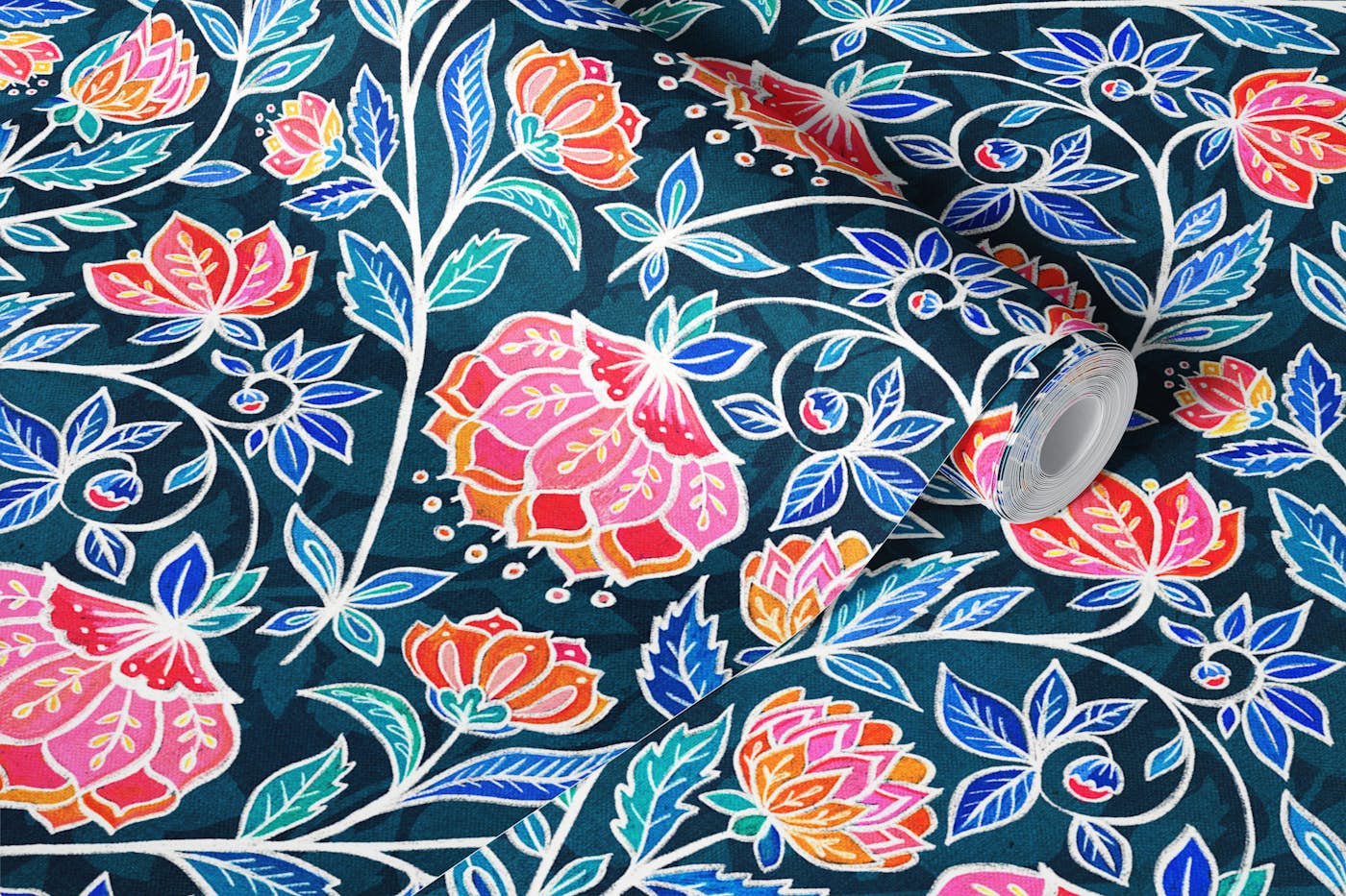 Jewel Toned Chalk Chintz in Cobalt and Pink wallpaper roll