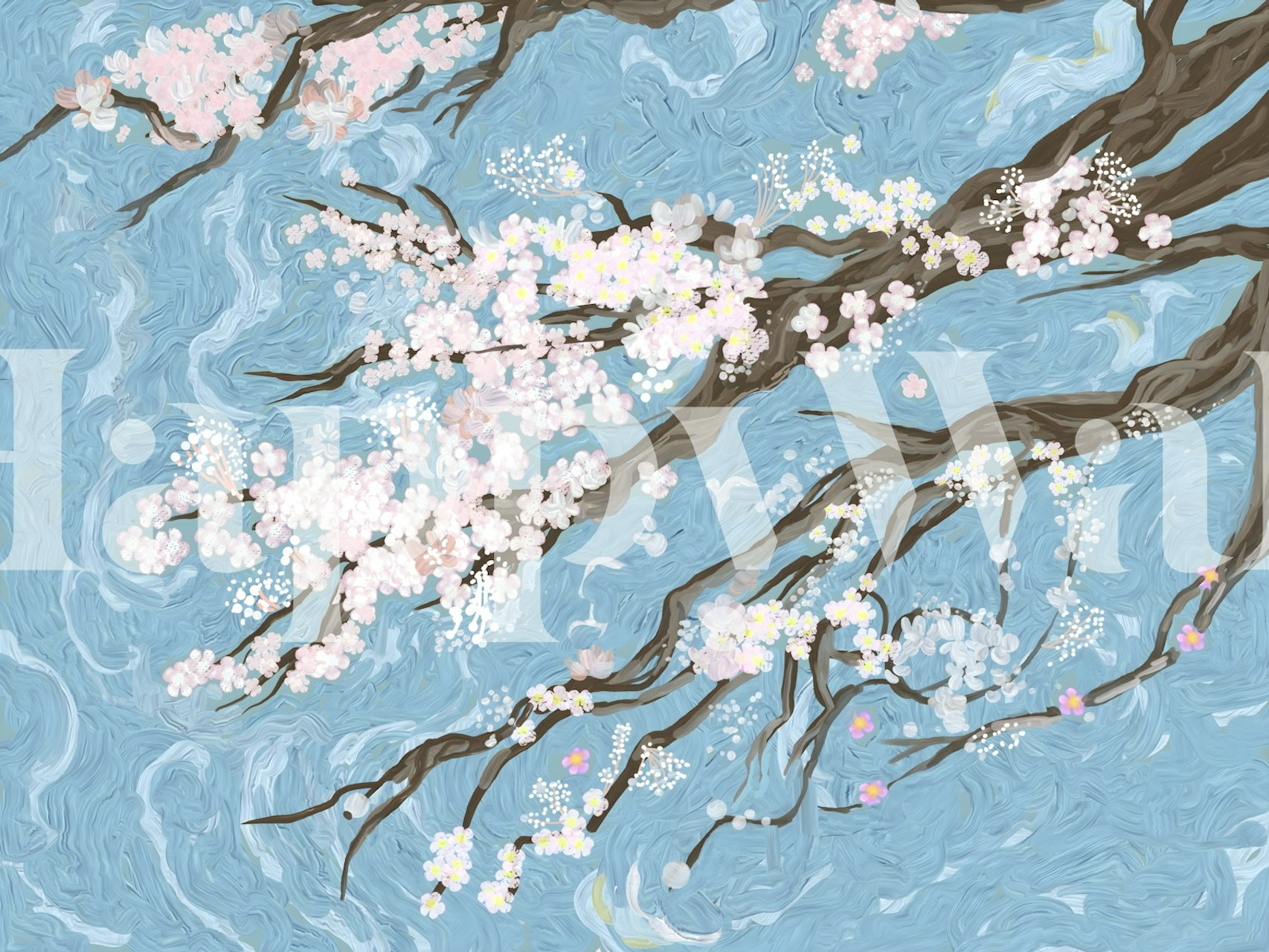 Cherry blossom branches in pink and white against a blue background wallpaper