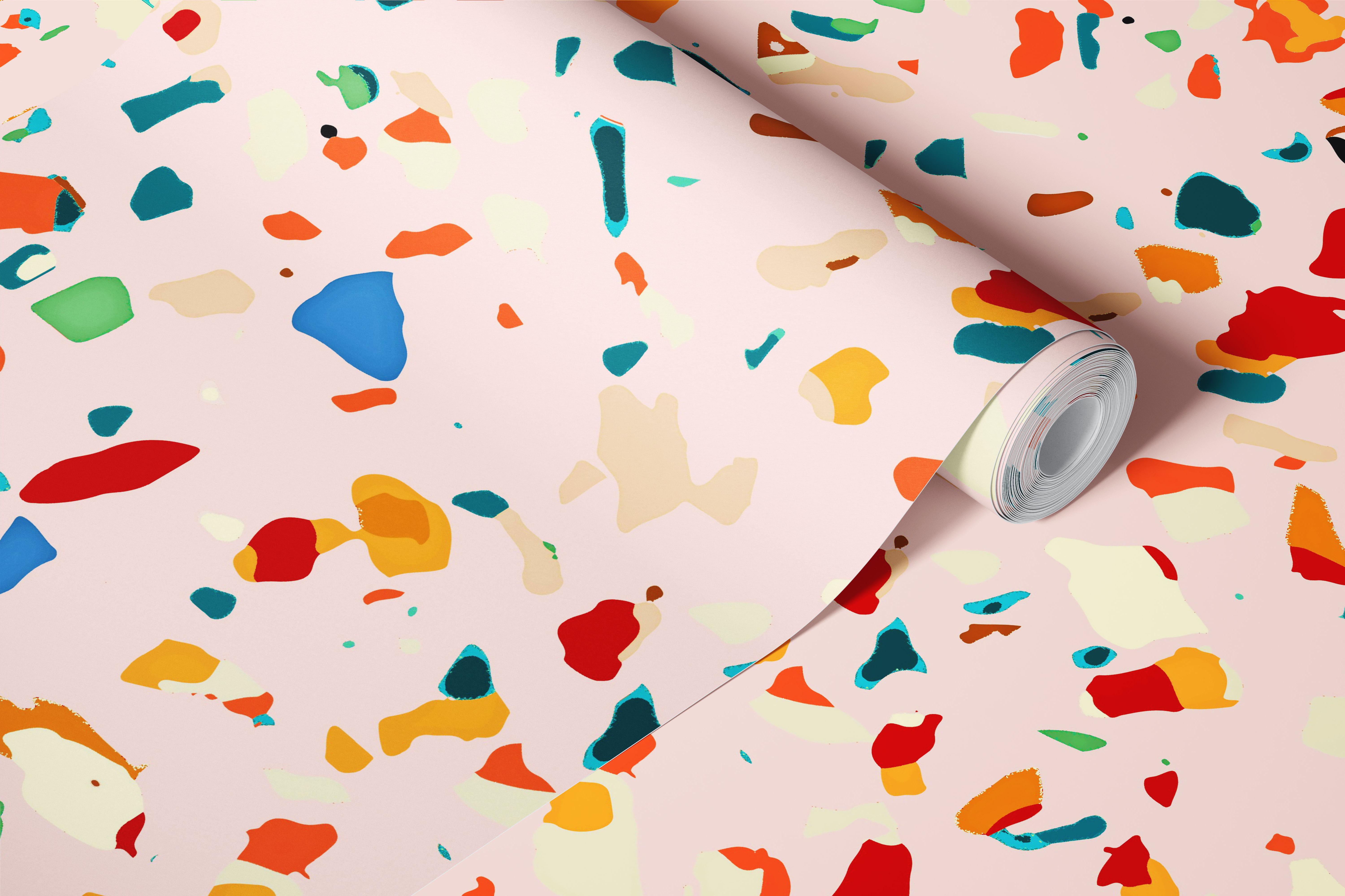 Colorful terrazzo pattern in pink, orange, blue, and green wallpaper