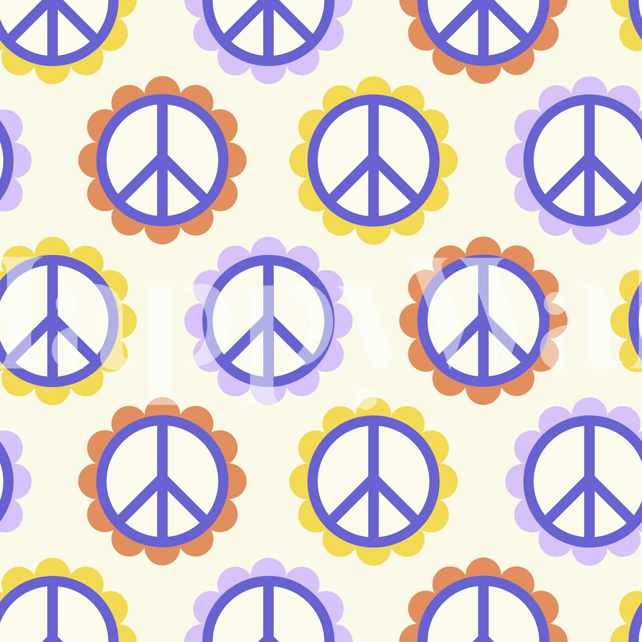 Colorful peace signs surrounded by floral patterns on light background wallpaper
