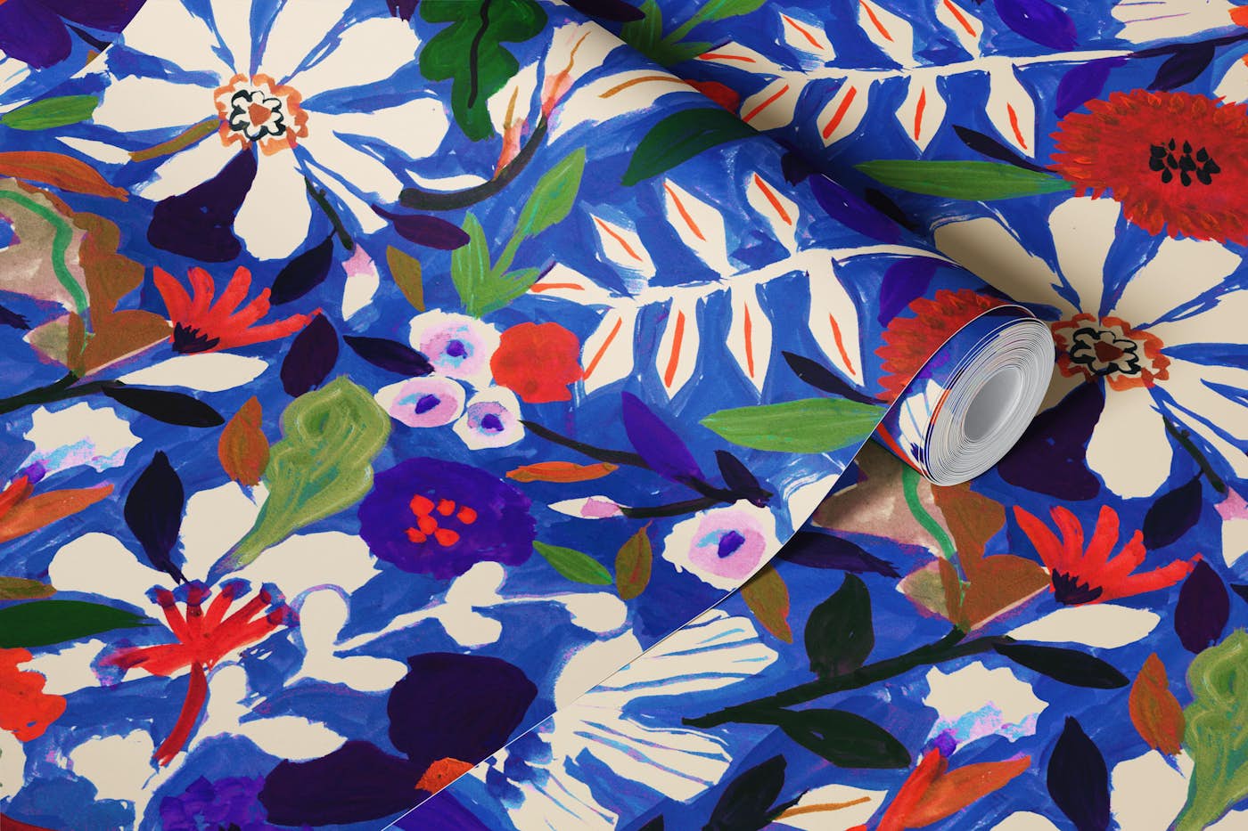 Abstract Garden Painterly Florals Dark Blue wallpaper roll