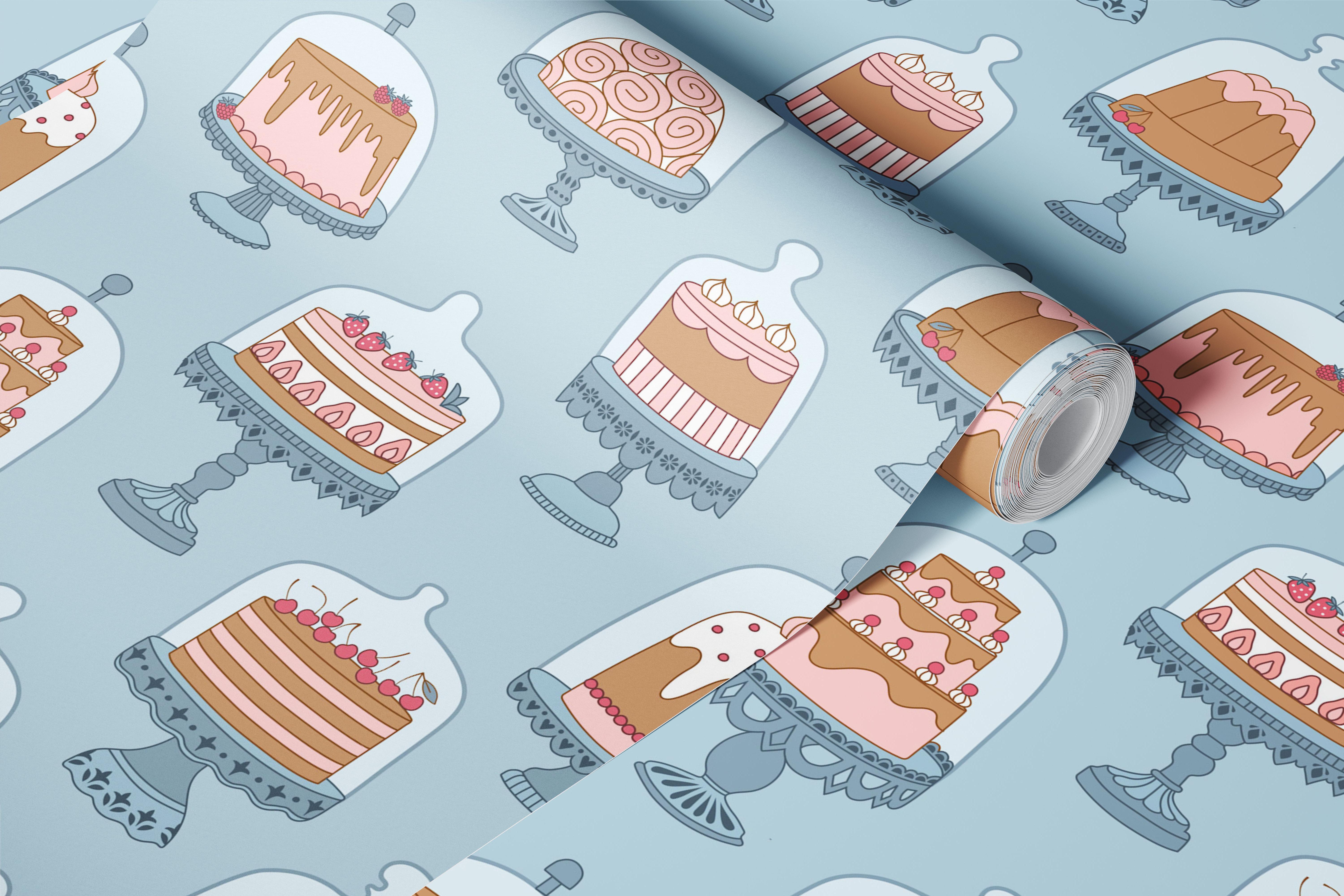 Vintage cake display on blue background wallpaper