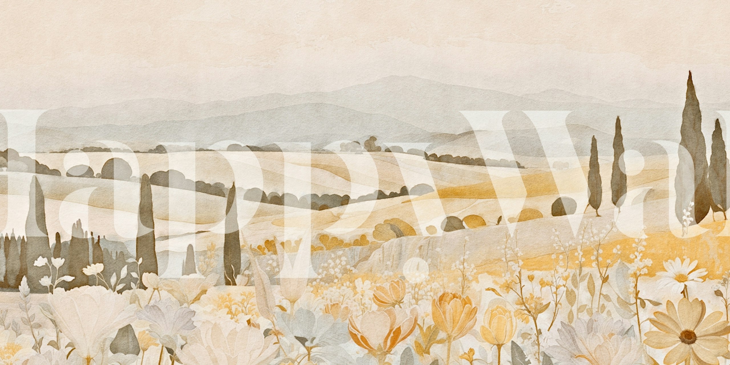 Soft landscape with hills and flowers in beige pastel colors wallpaper