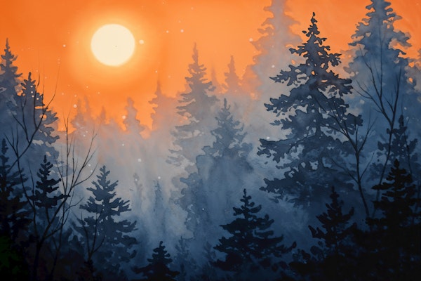 Sunset Through Pine Forest