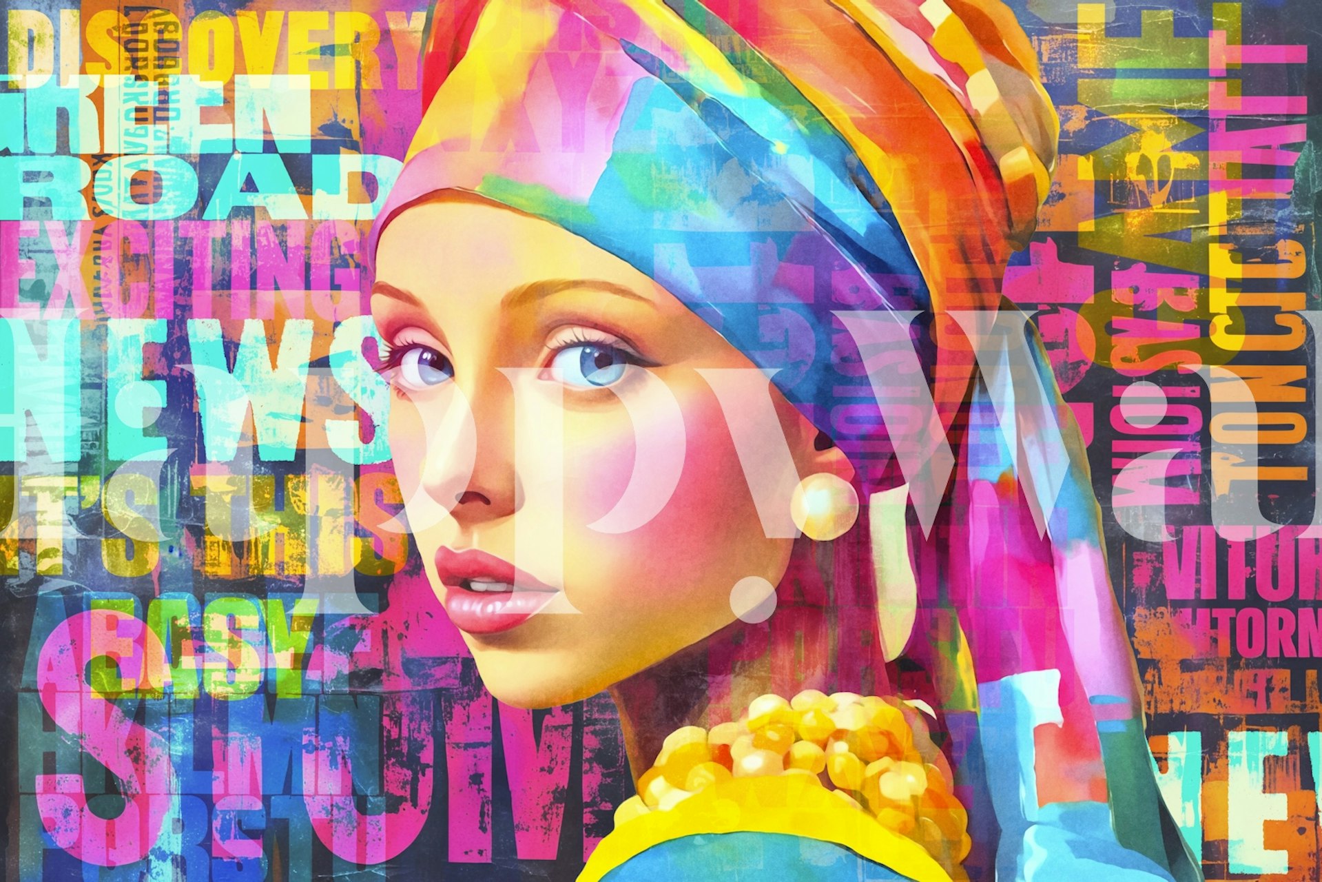 Colorful portrait of girl with pearl earring, vibrant tones, modern wallpaper