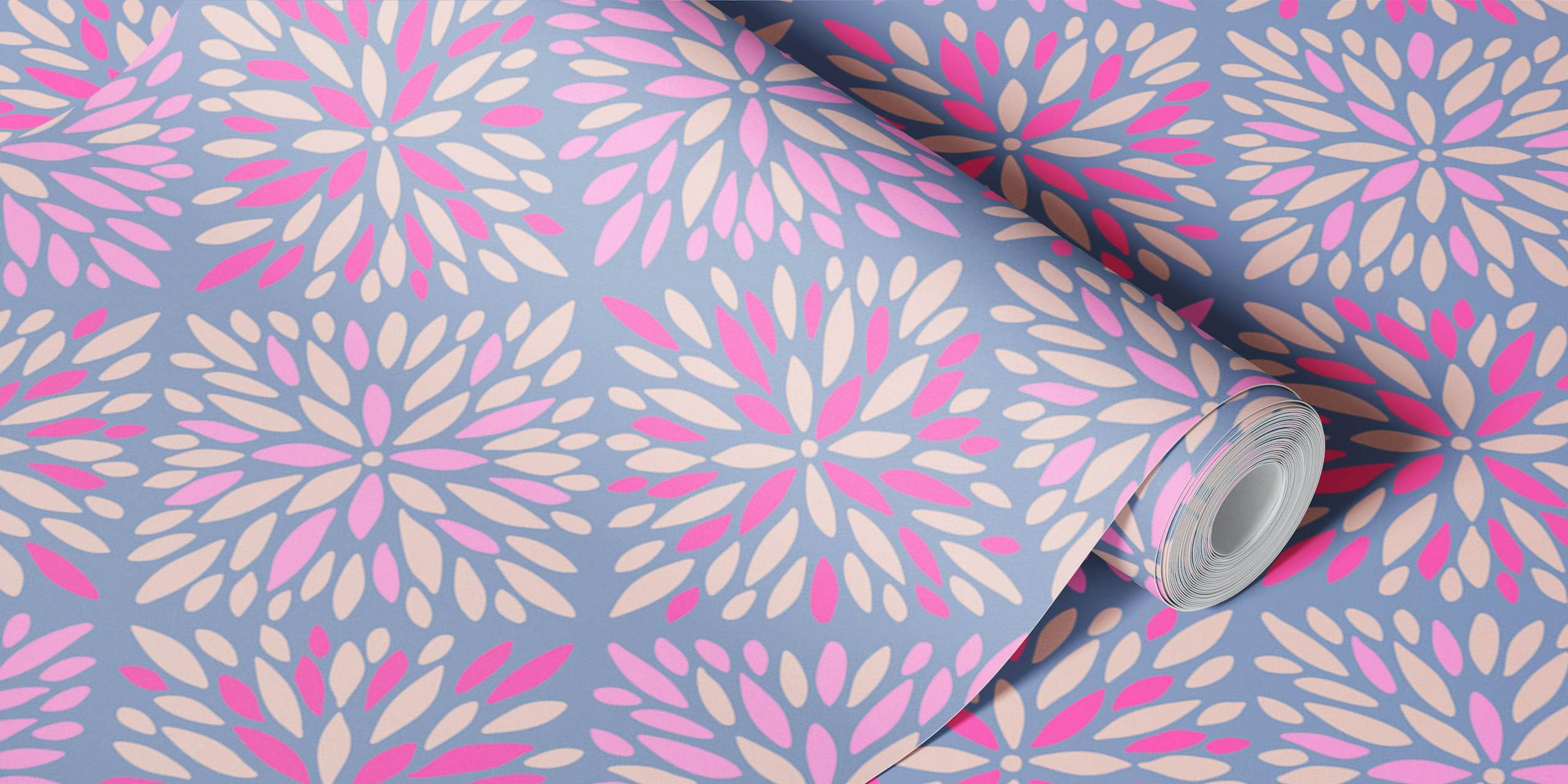 Dahlia Diamonds Boho Floral Tile Lavender wallpaper in a room