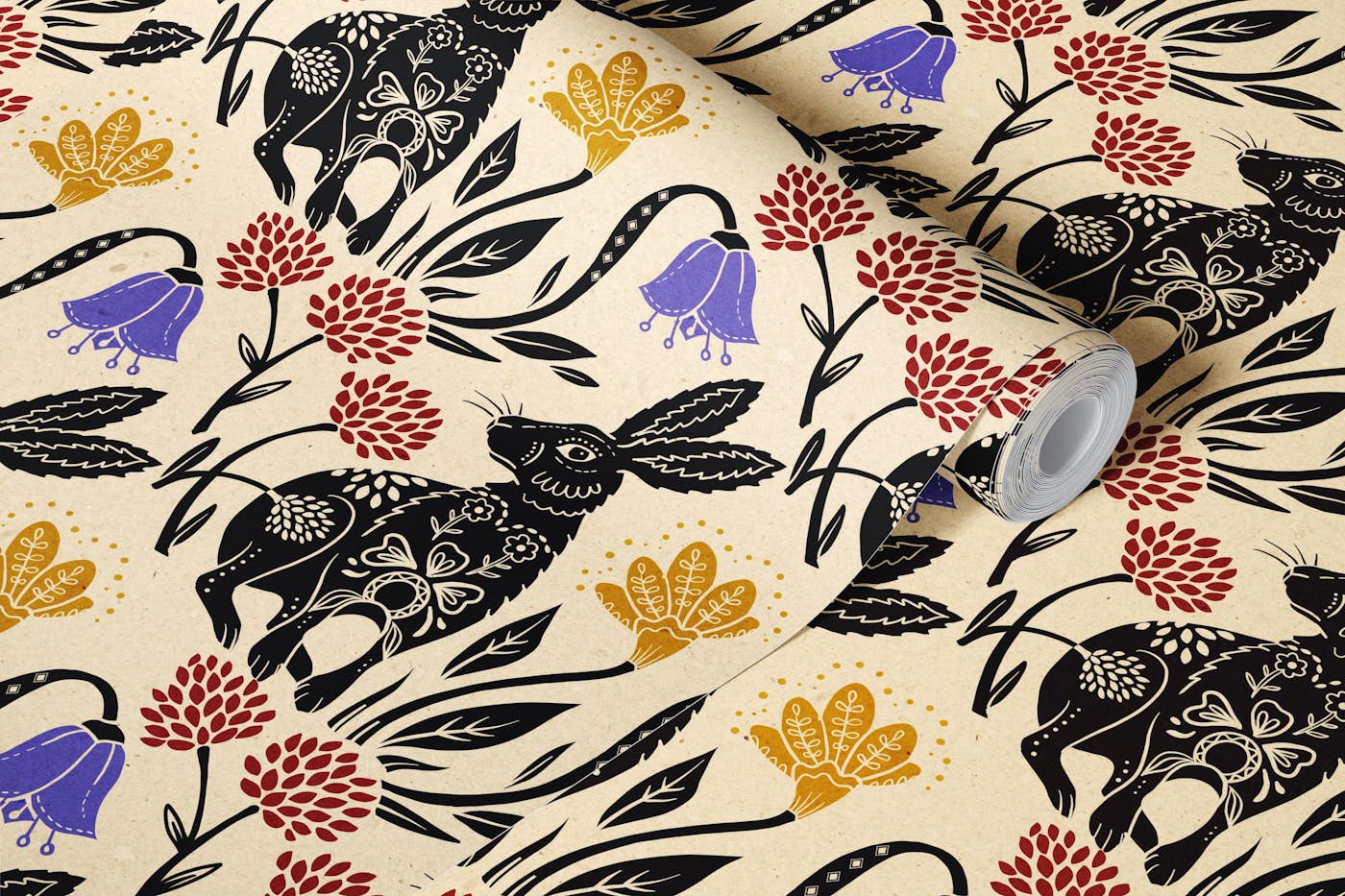 Decorative Bunny with flowers wallpaper roll