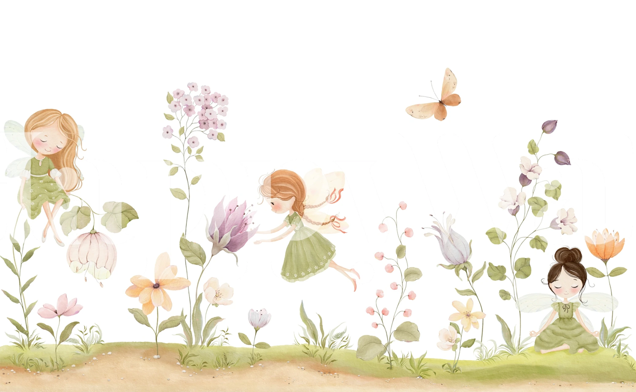 Fairy scene with flowers and butterflies in pastel colors wallpaper