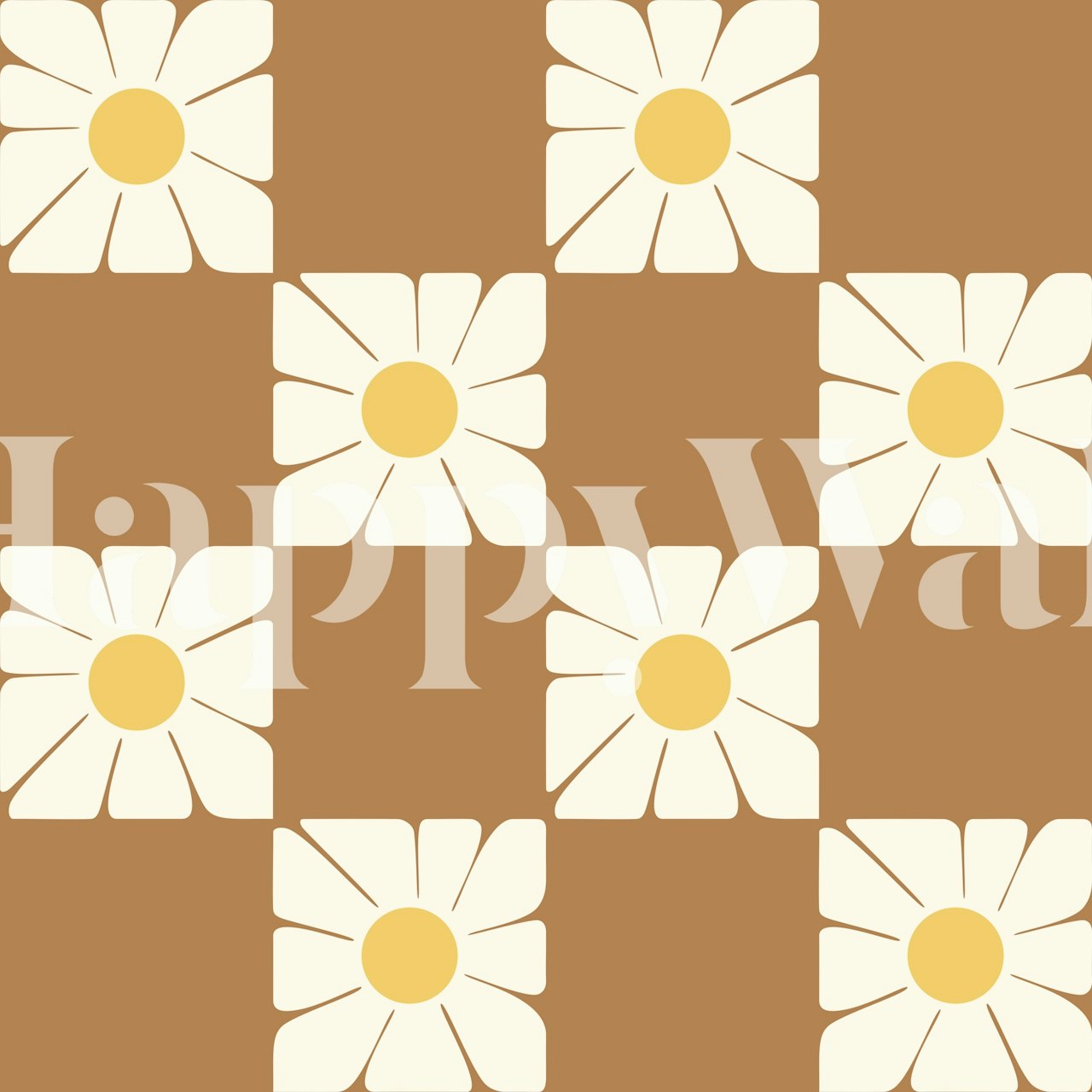 Daisy pattern with yellow centers and brown squares wallpaper