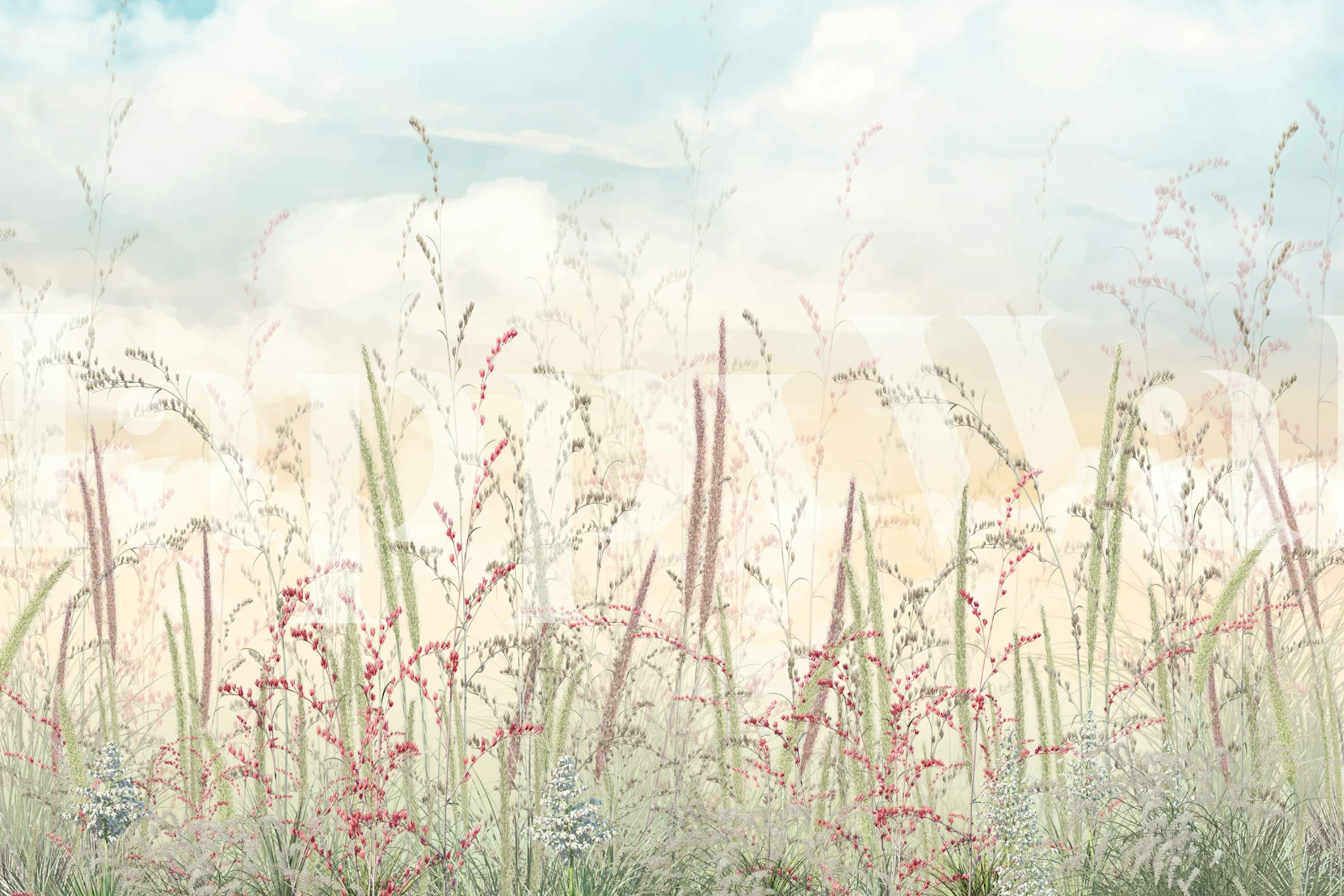 Floral wallpaper with delicate pastel flowers against a light sky.