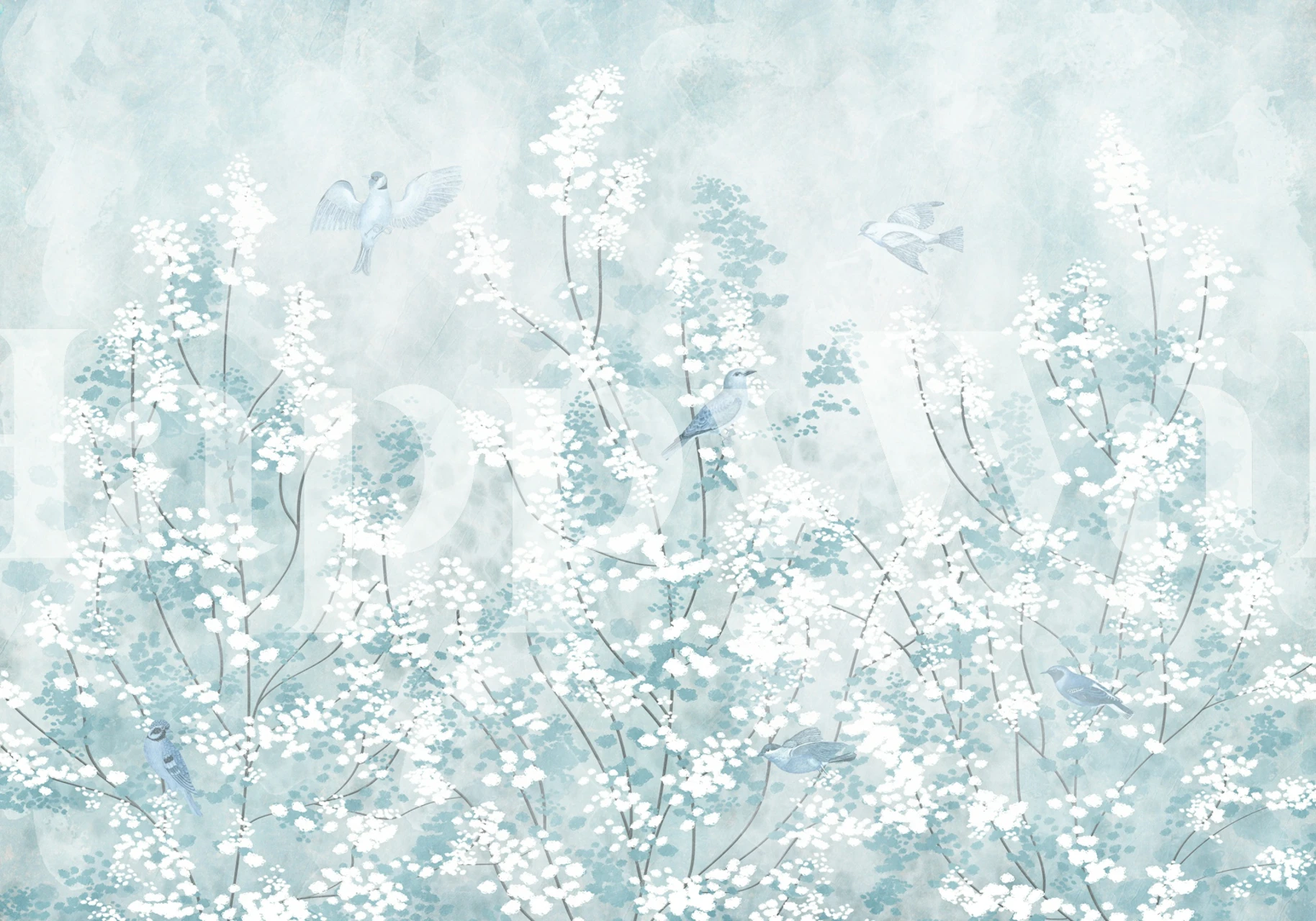 Delicate blue flowers and birds on soft background wallpaper
