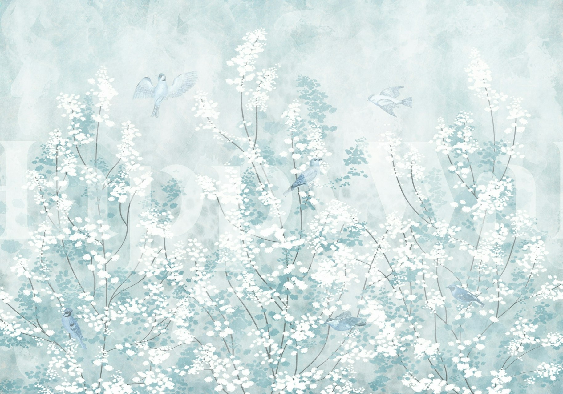 Delicate blue flowers and birds on soft background wallpaper
