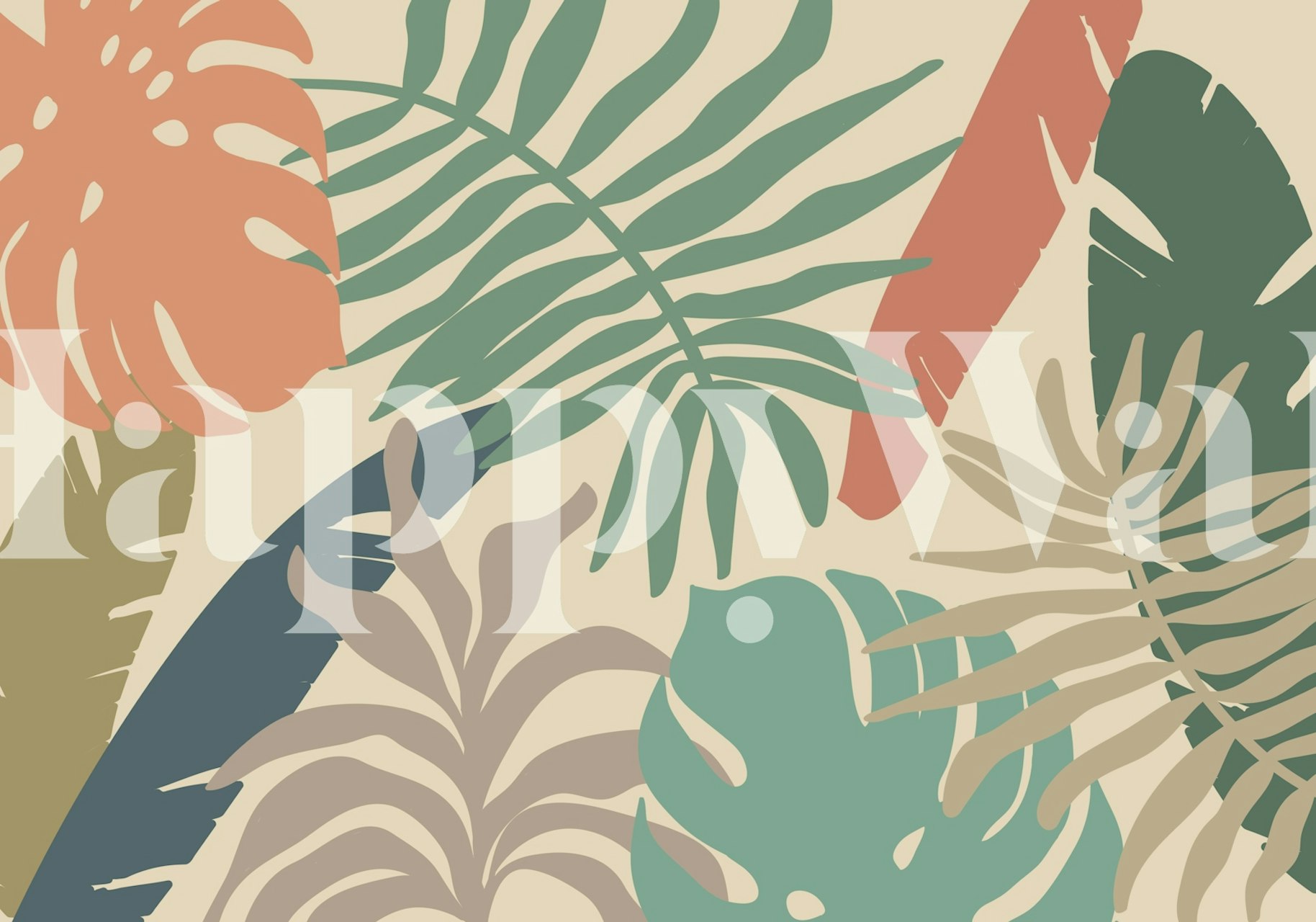 Pastel tropical leaves in green, coral, and beige wallpaper