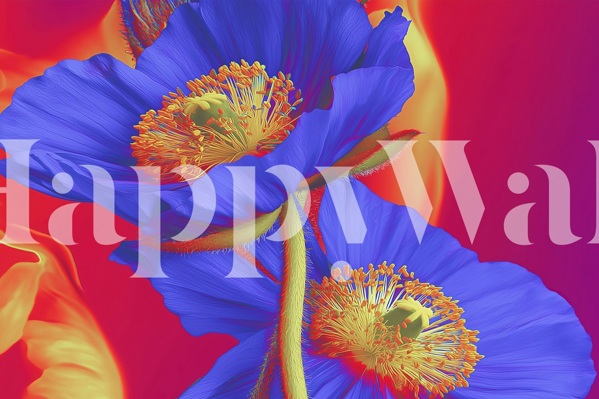 Vibrant blue poppies wallpaper in a room