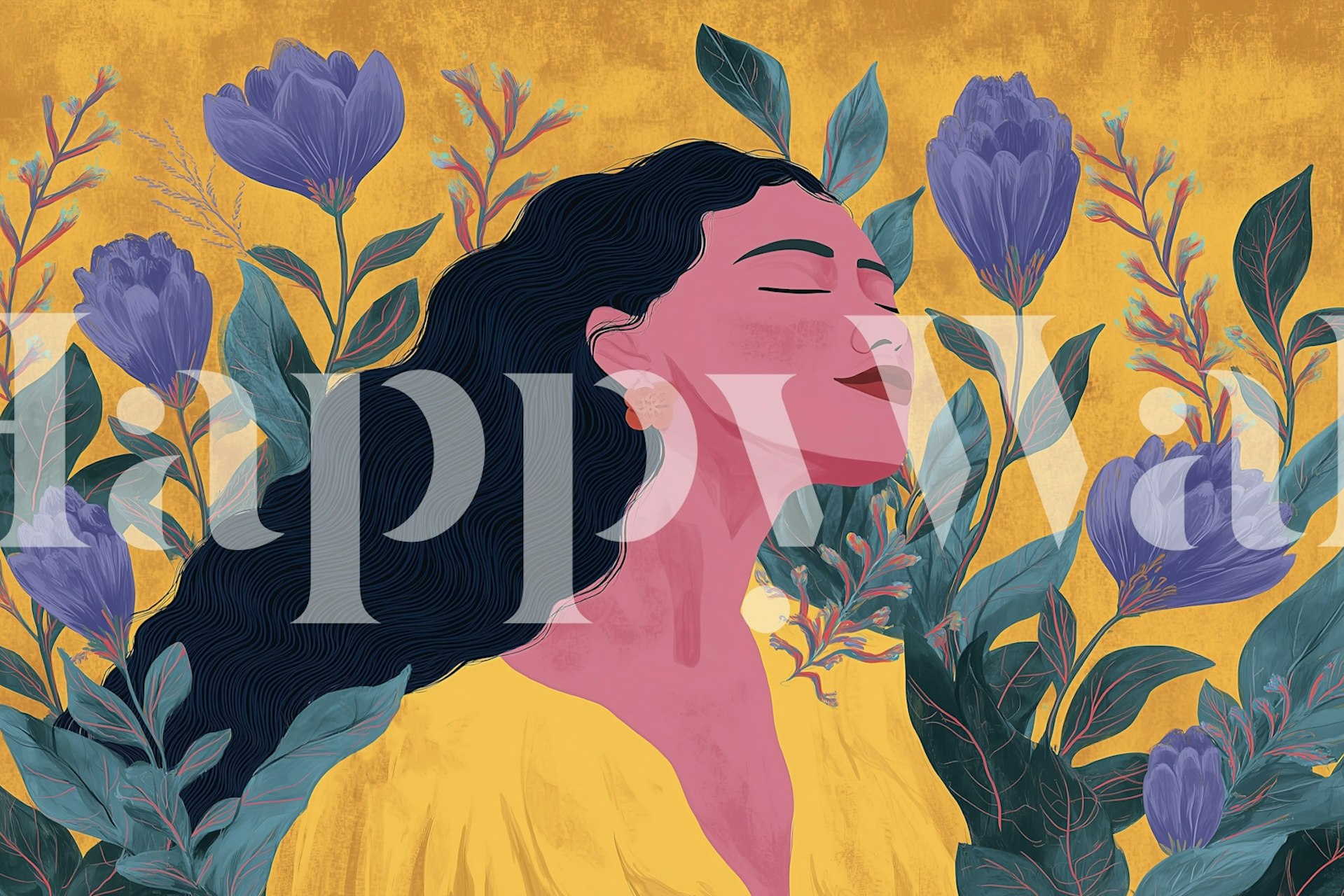 Woman with flowing hair surrounded by purple flowers and green leaves on yellow wallpaper