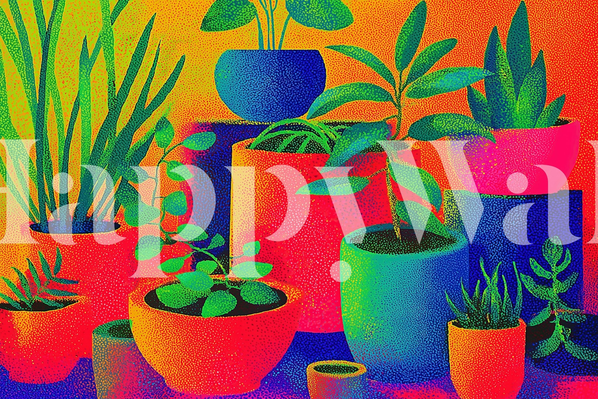 Colorful pots with plants, vibrant colors, artistic style wallpaper