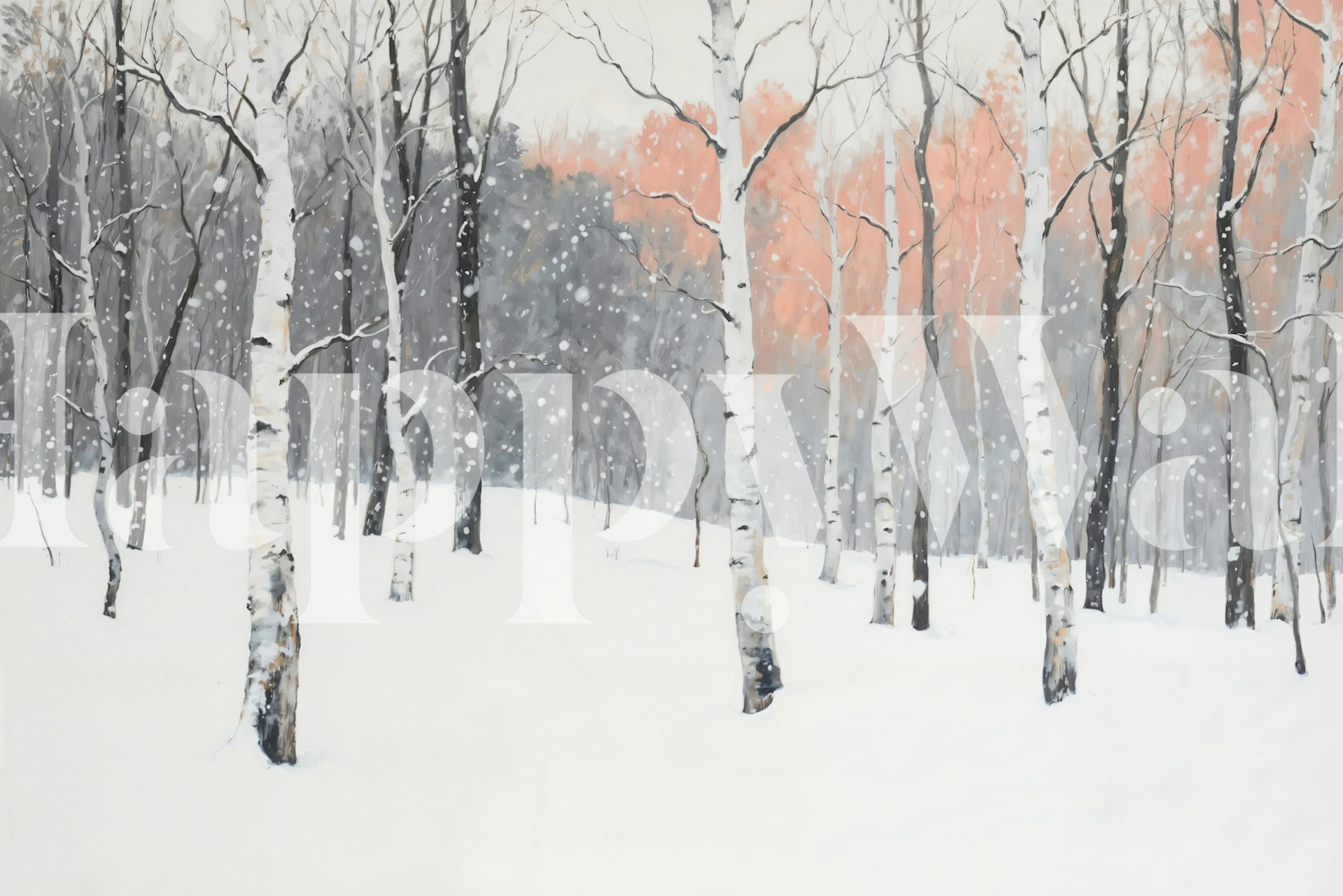 Birch trees in snow with soft pink foliage wallpaper