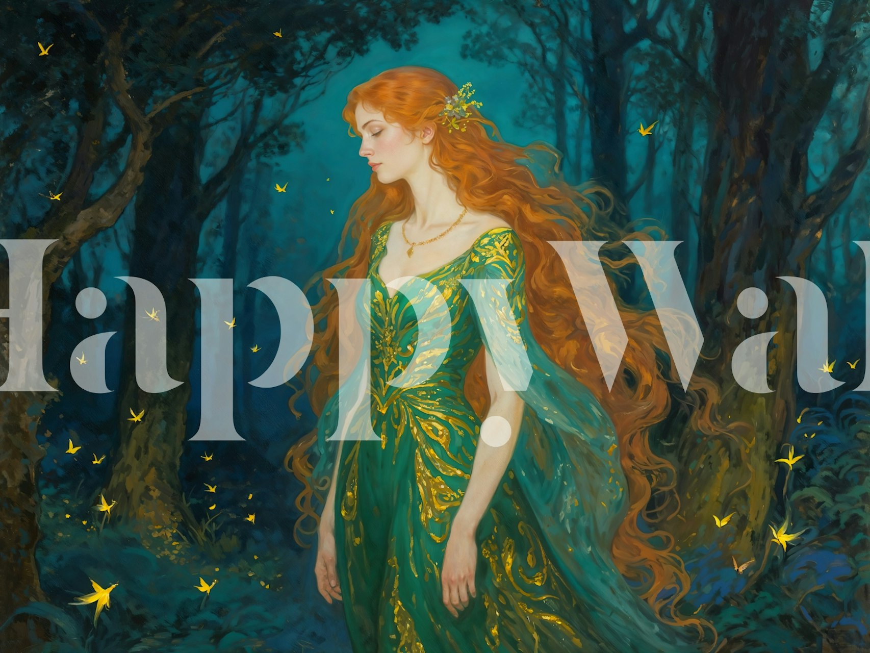 A serene woman in a green dress amidst glowing yellow lights in a dark forest wallpaper.