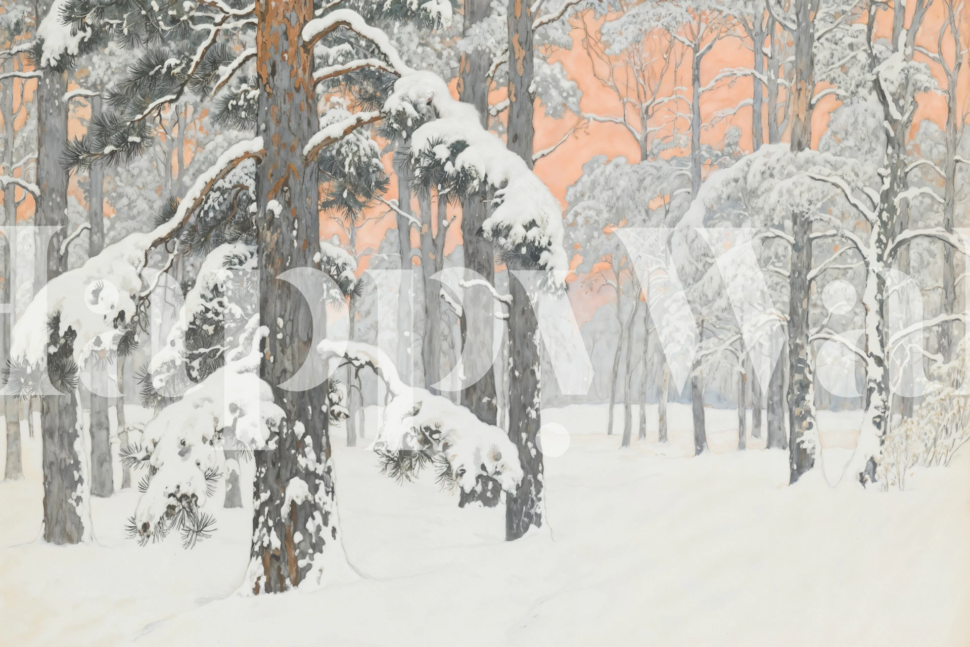 Snowy winter forest scene with tall trees and pink sky wallpaper