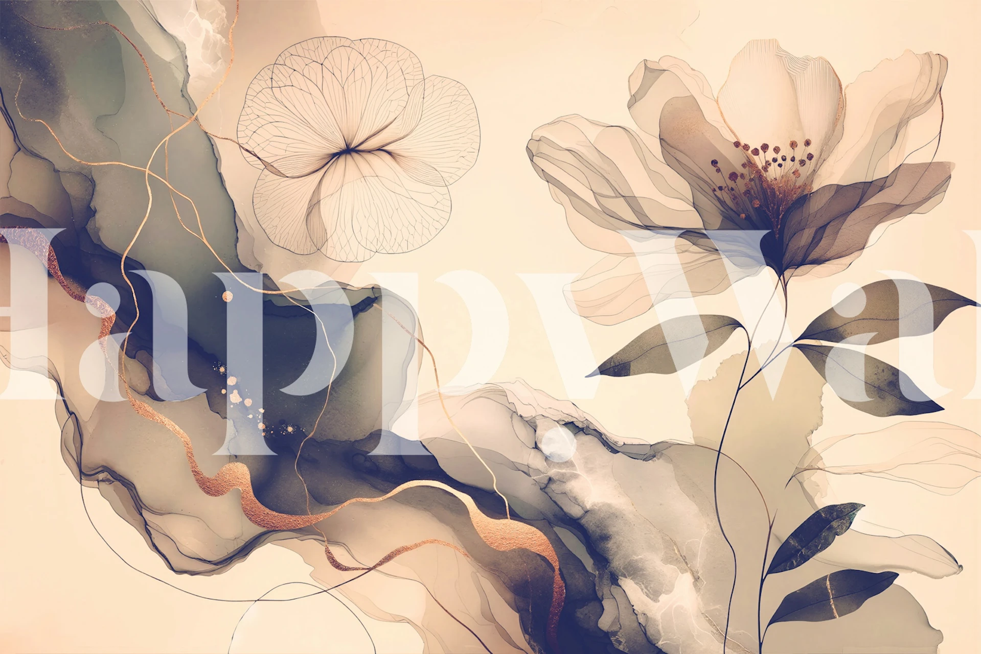 Delicate floral designs in soft blue and beige wallpaper