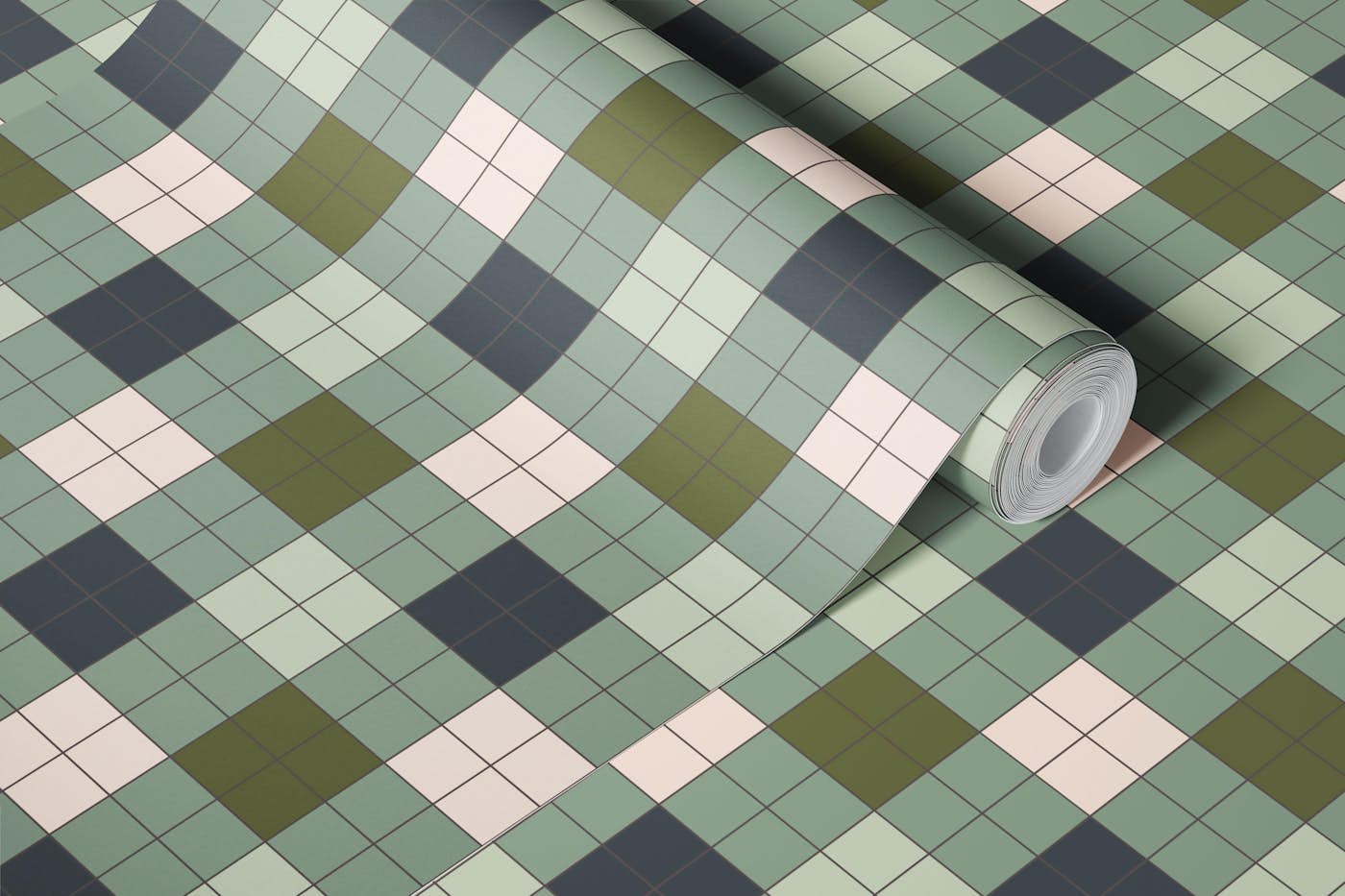Checkerboard Grid L Gingham – Blue & Green wallpaper roll