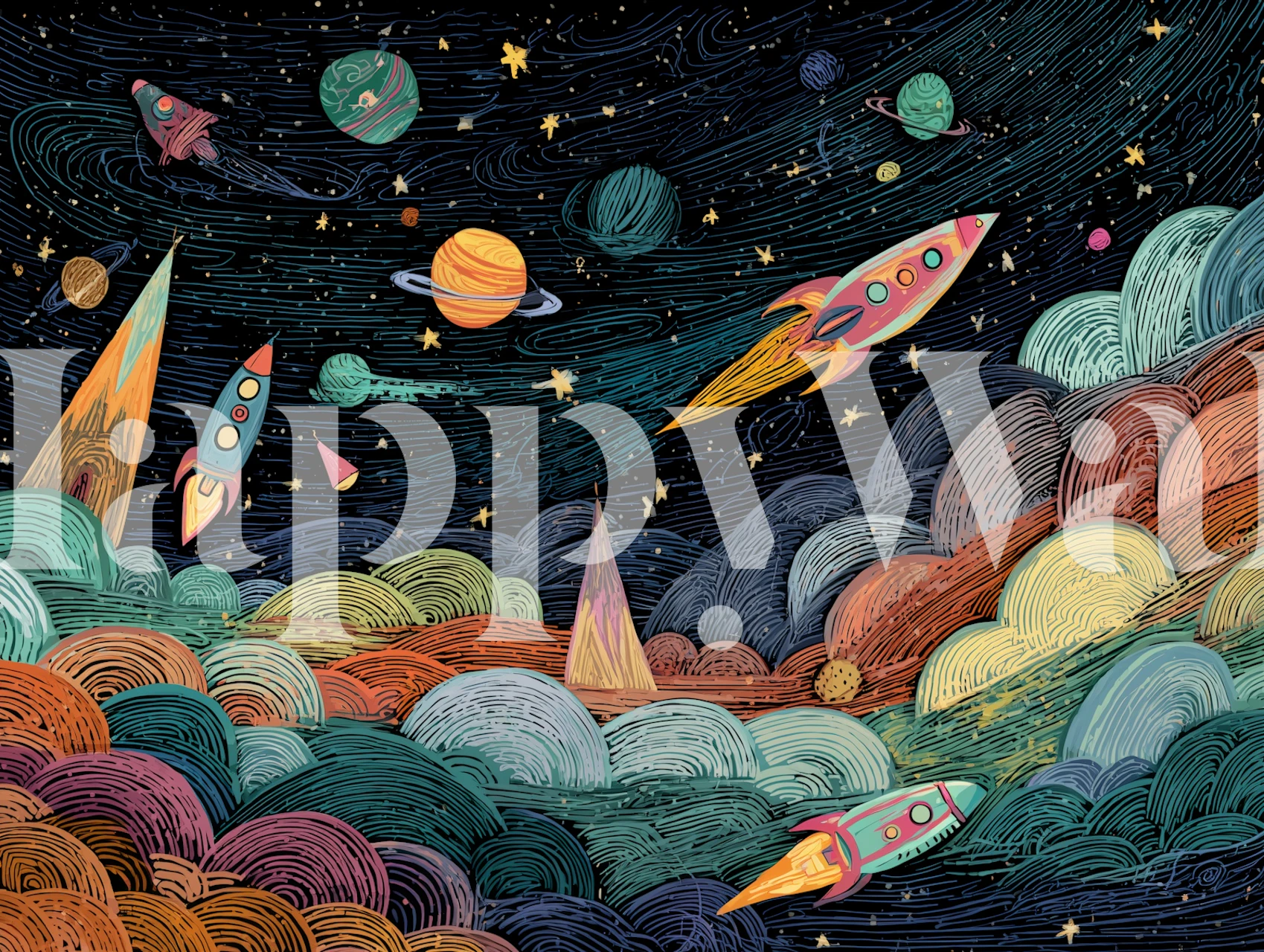 Colorful rockets and planets on dark background wallpaper