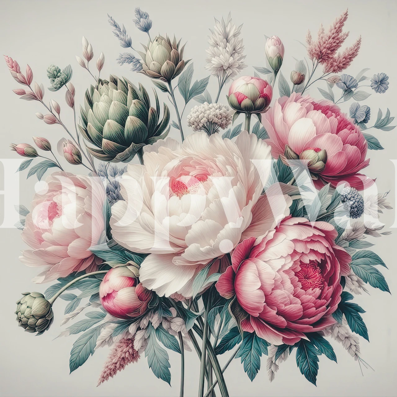 Vintage Peonies 2 Blumen-Tapete in einem Raum