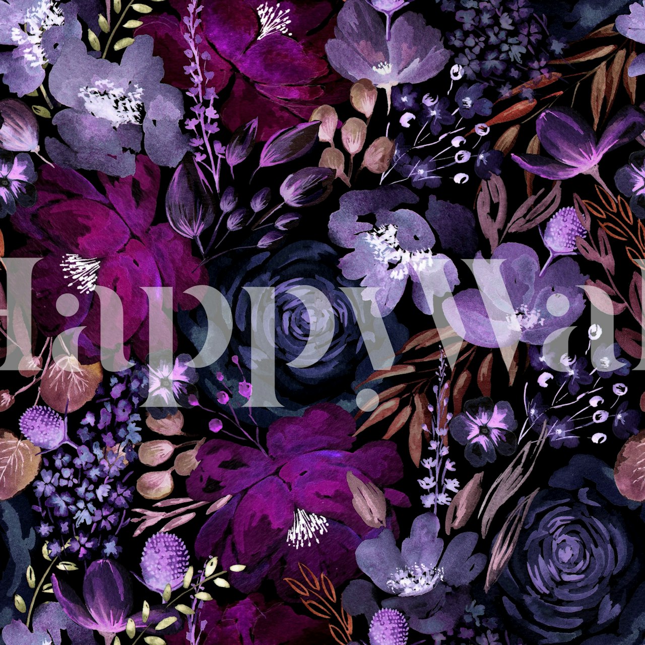Dark floral wallpaper featuring purple and blue flowers on a black background