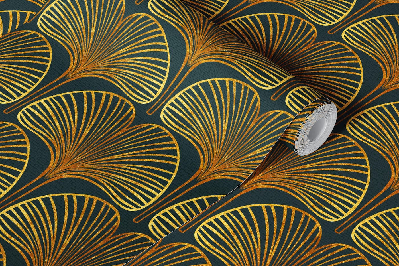Gold Ginkgo Leaf on Dark Teal wallpaper roll