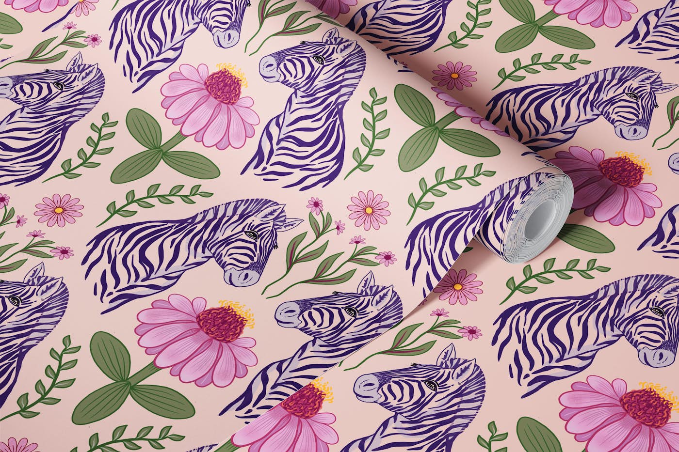 Zebra with Zinnia wallpaper roll