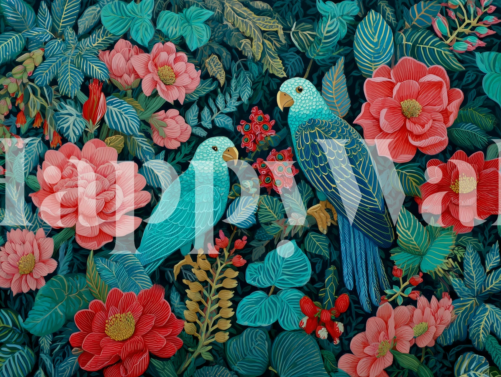 Tropical wallpaper featuring teal parrots and pink flowers