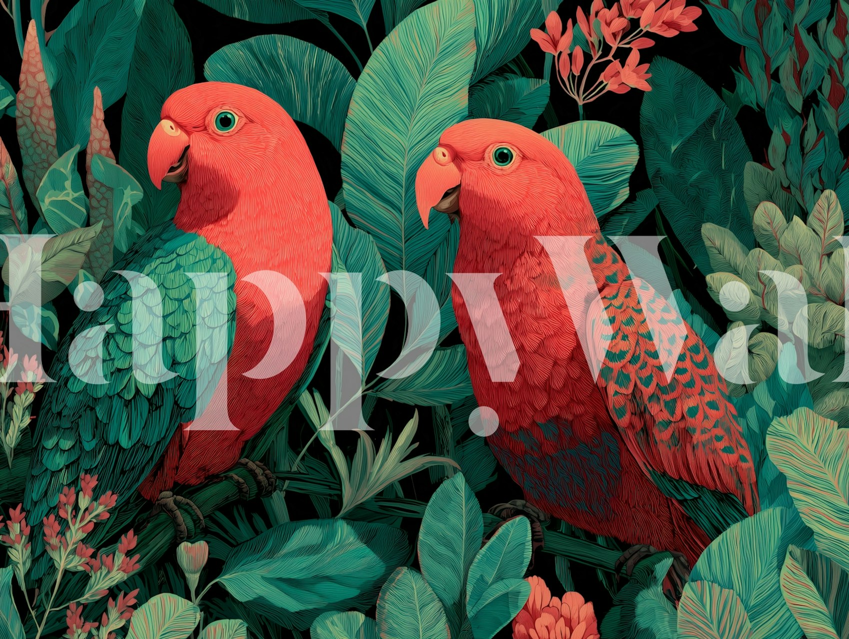 Two colorful parrots among dense tropical foliage wallpaper