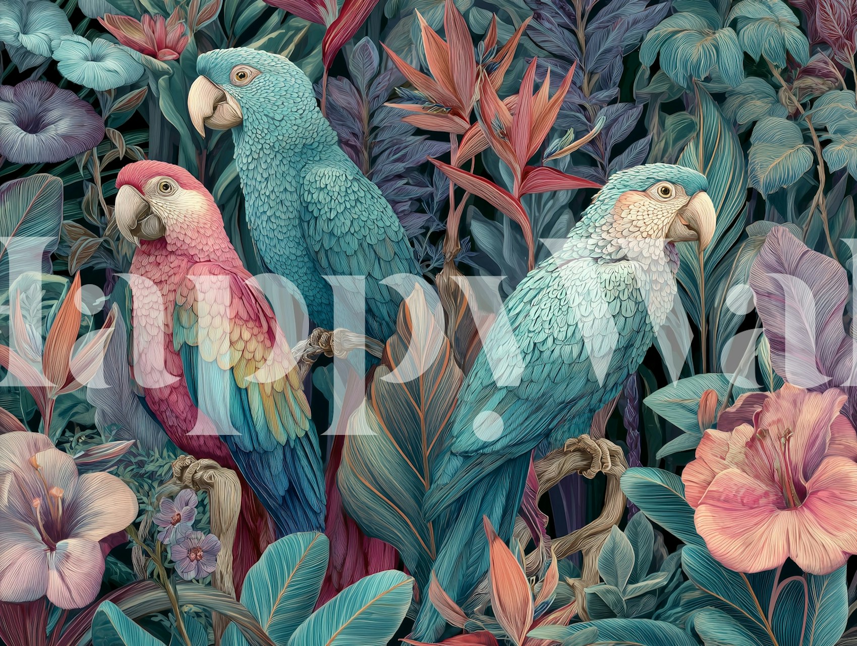 Exotic Floral Aviary wallpaper in a room