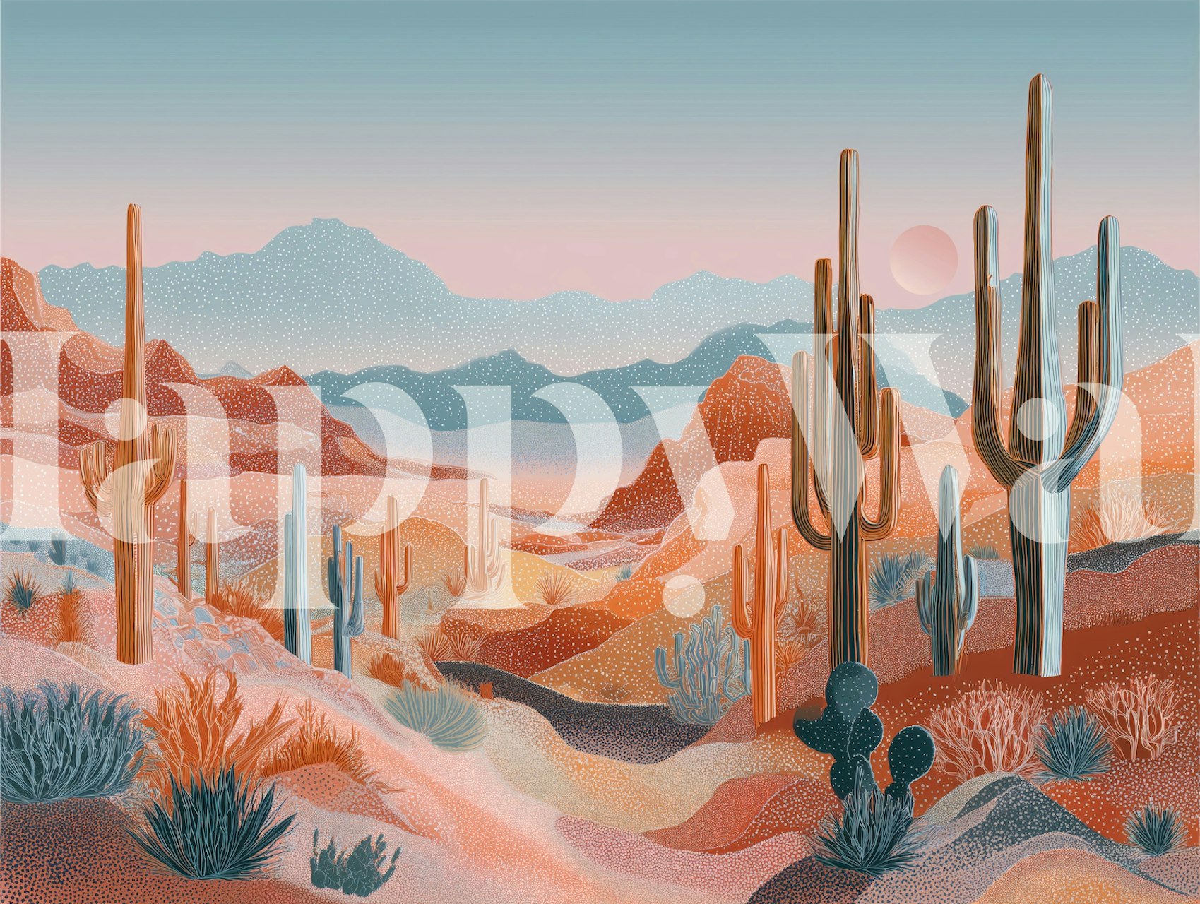 Cactus desert landscape with soft pink and blue hues wallpaper