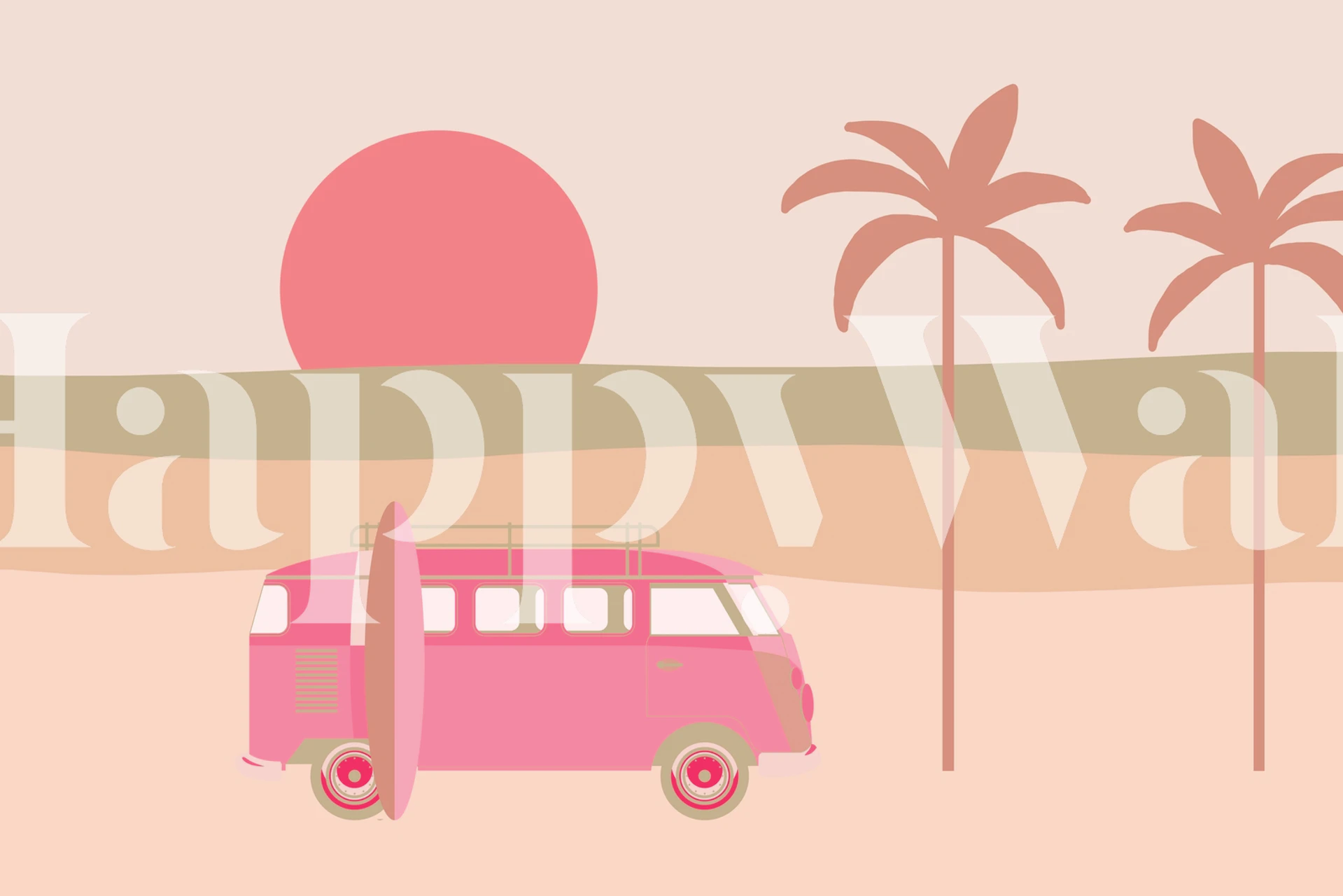 Pink camper van with surfboard and palm trees against sunset. Tropical wallpaper