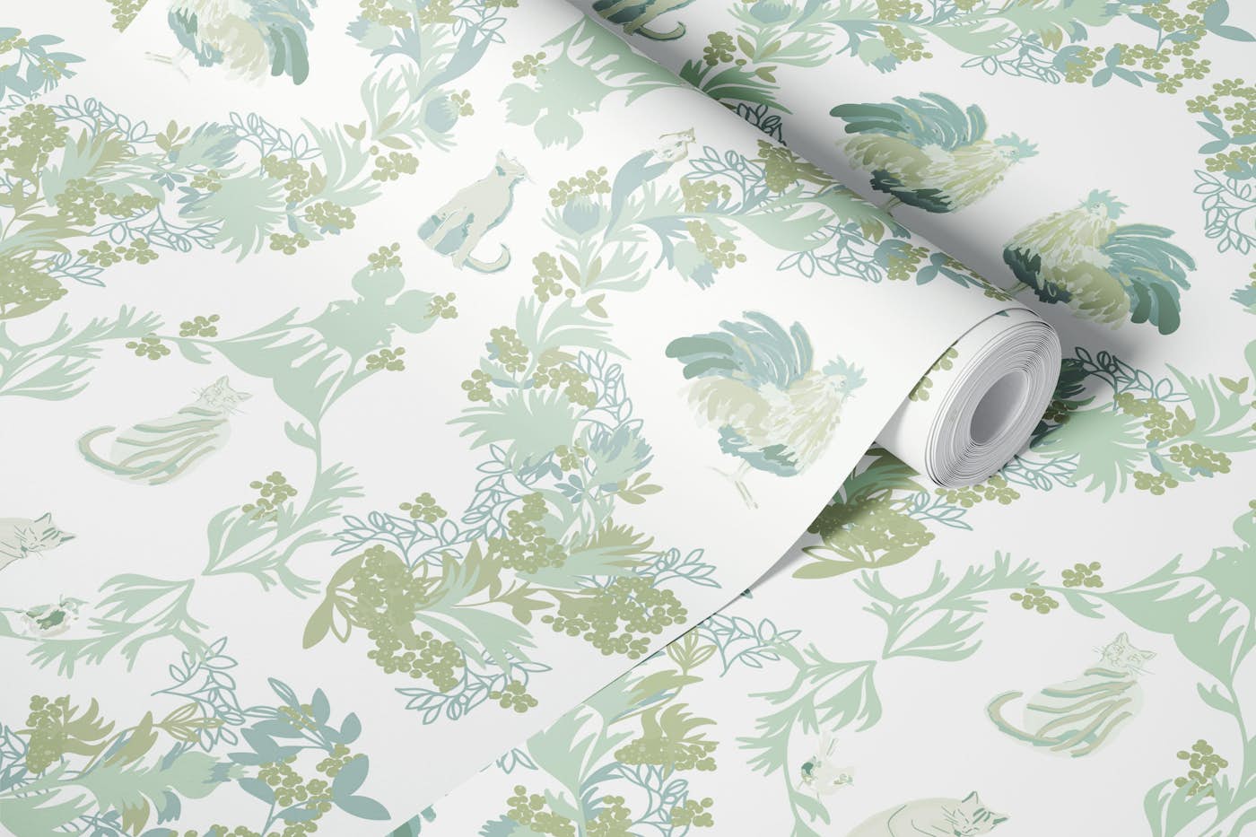 Cats in the Bushes in pastel green wallpaper roll
